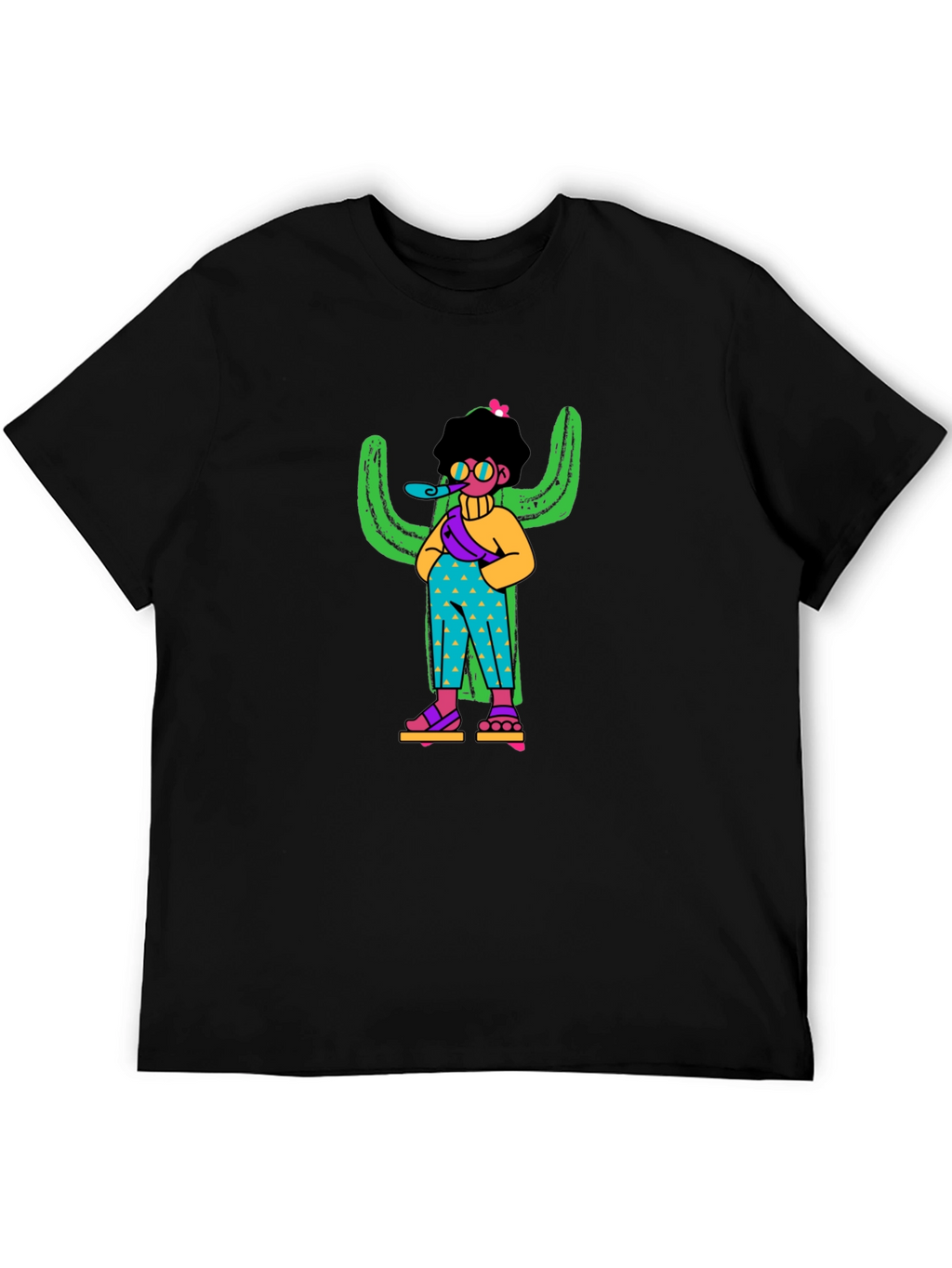 Quirky Cactus Character Black T-Shirt