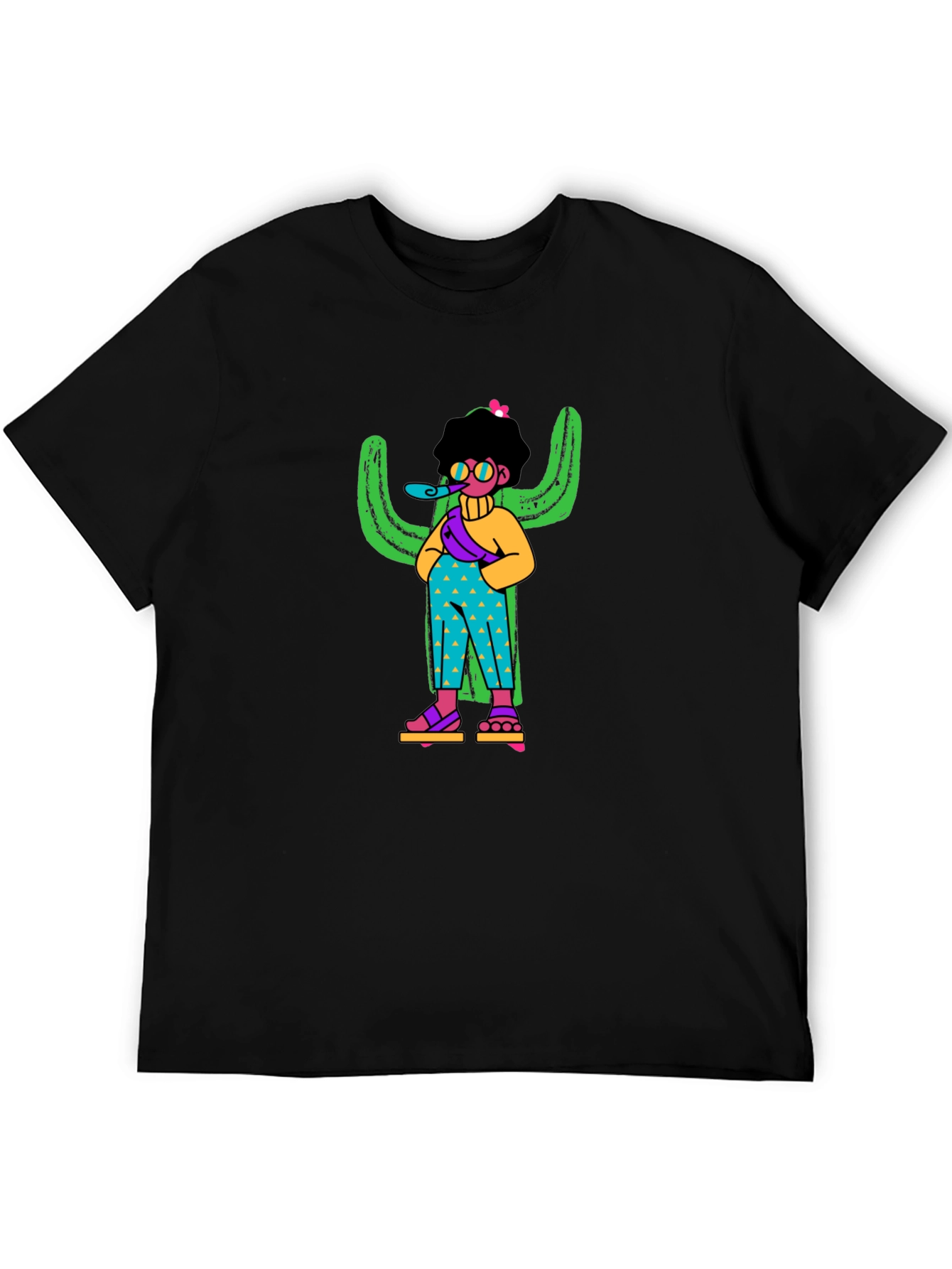 Quirky Cactus Character Black T-Shirt