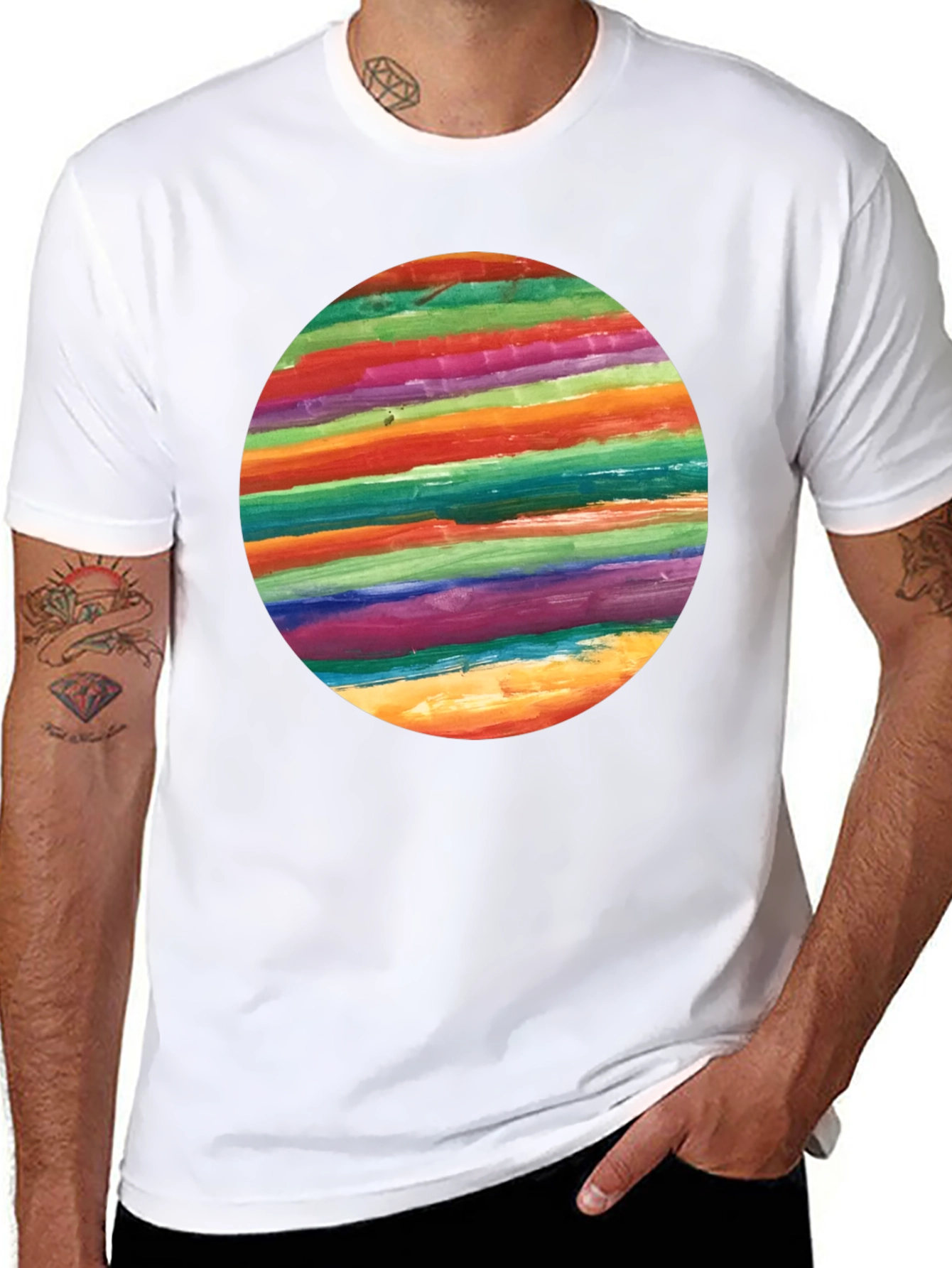 Rainbow Stripe Circle Graphic Black T-Shirt