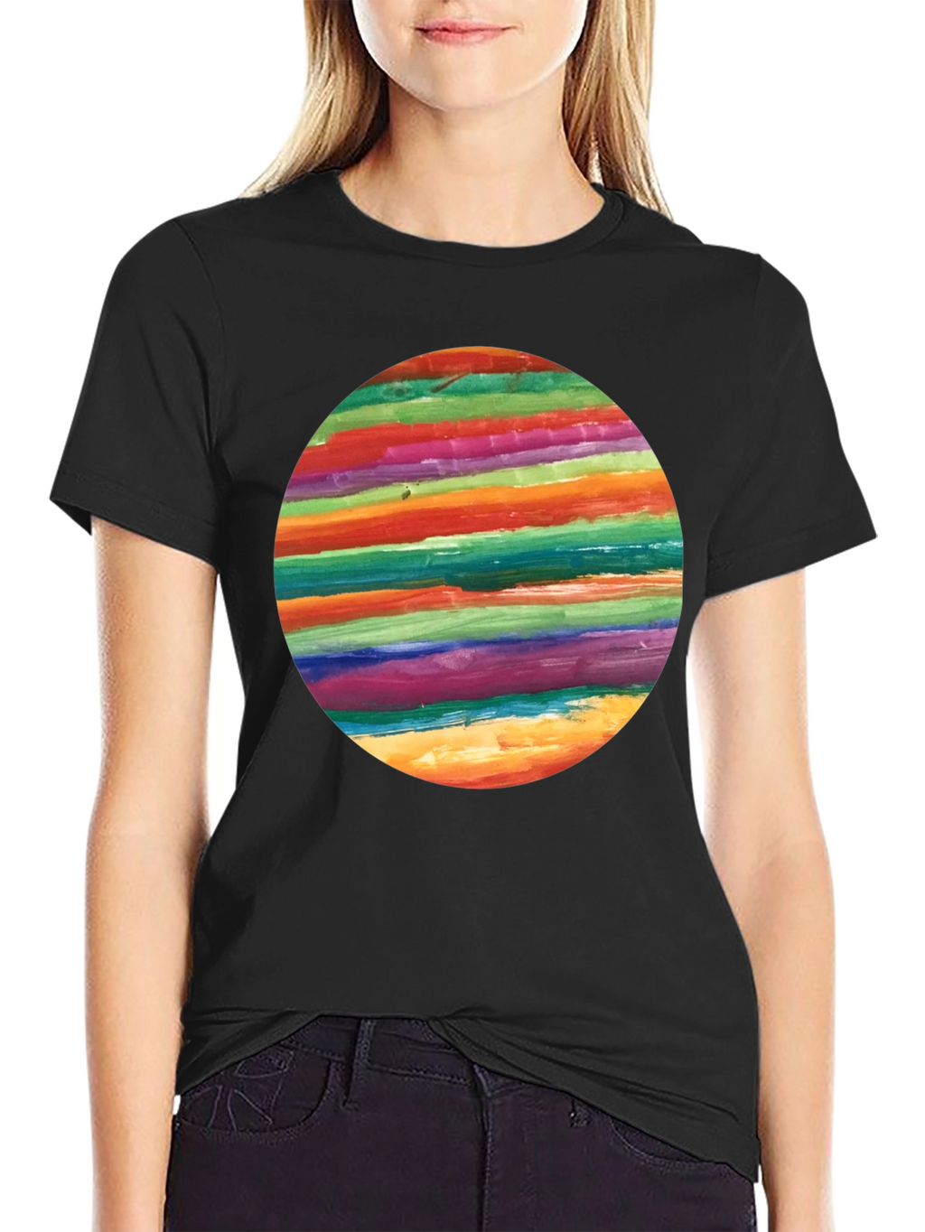 Rainbow Stripe Circle Graphic Black T-Shirt