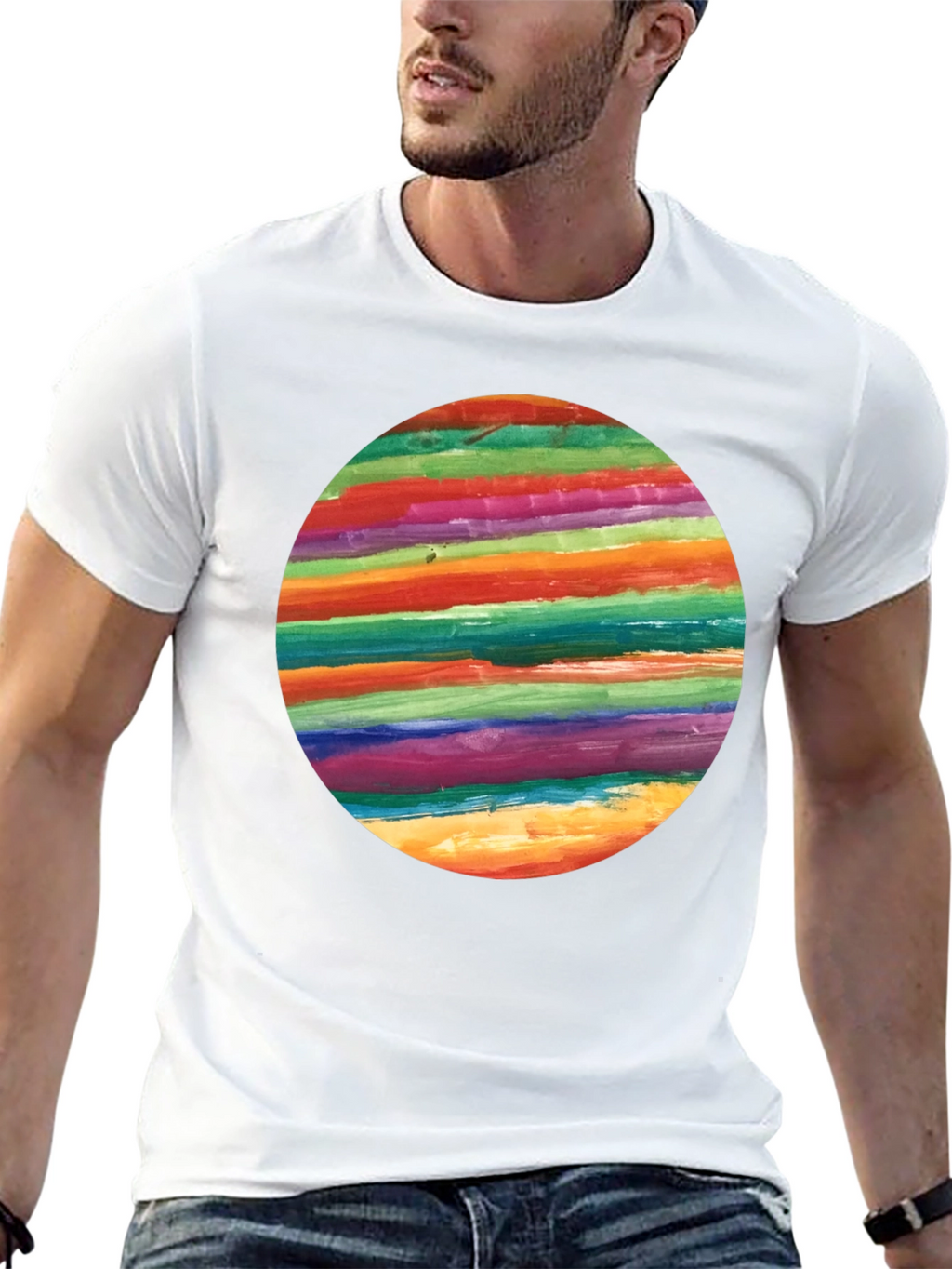 Rainbow Stripe Circle Graphic Black T-Shirt