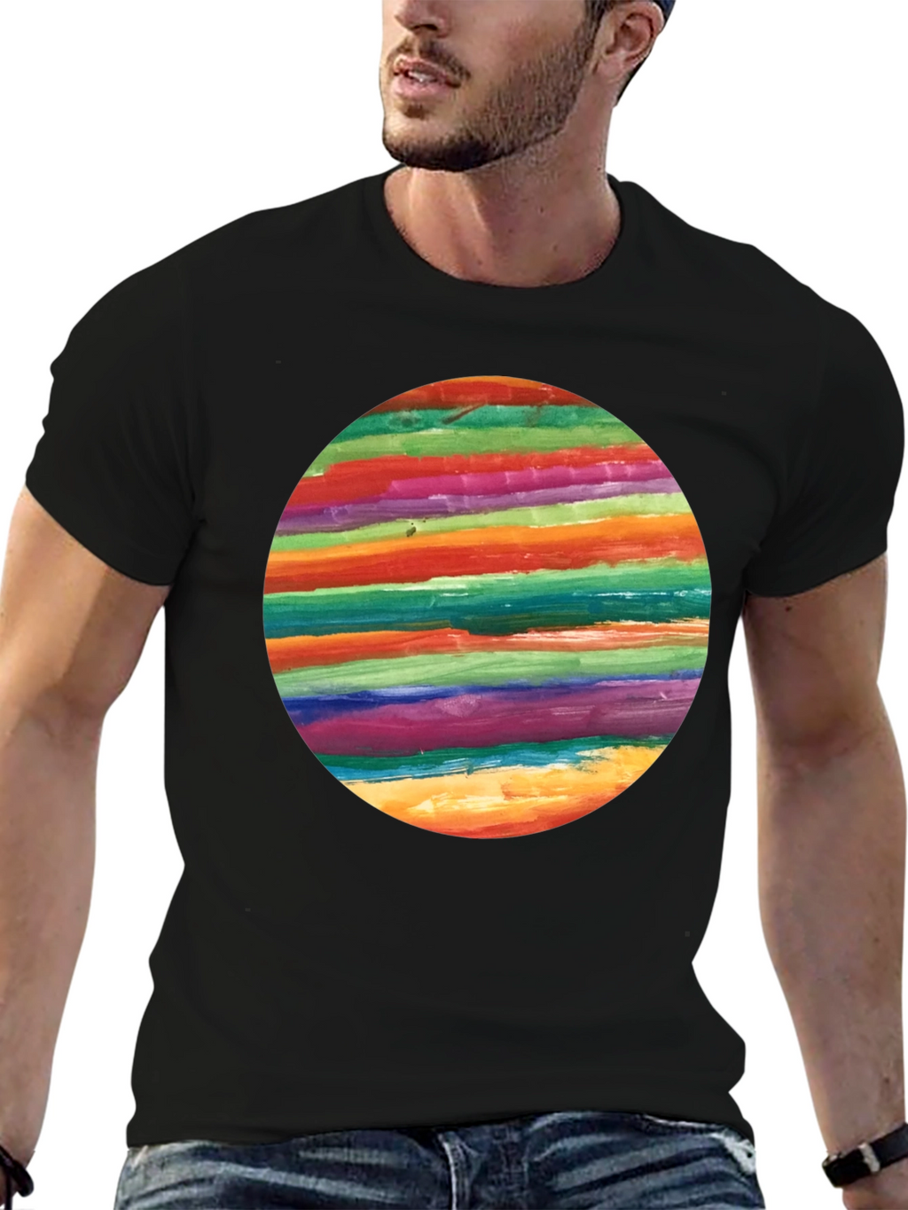 Rainbow Stripe Circle Graphic Black T-Shirt