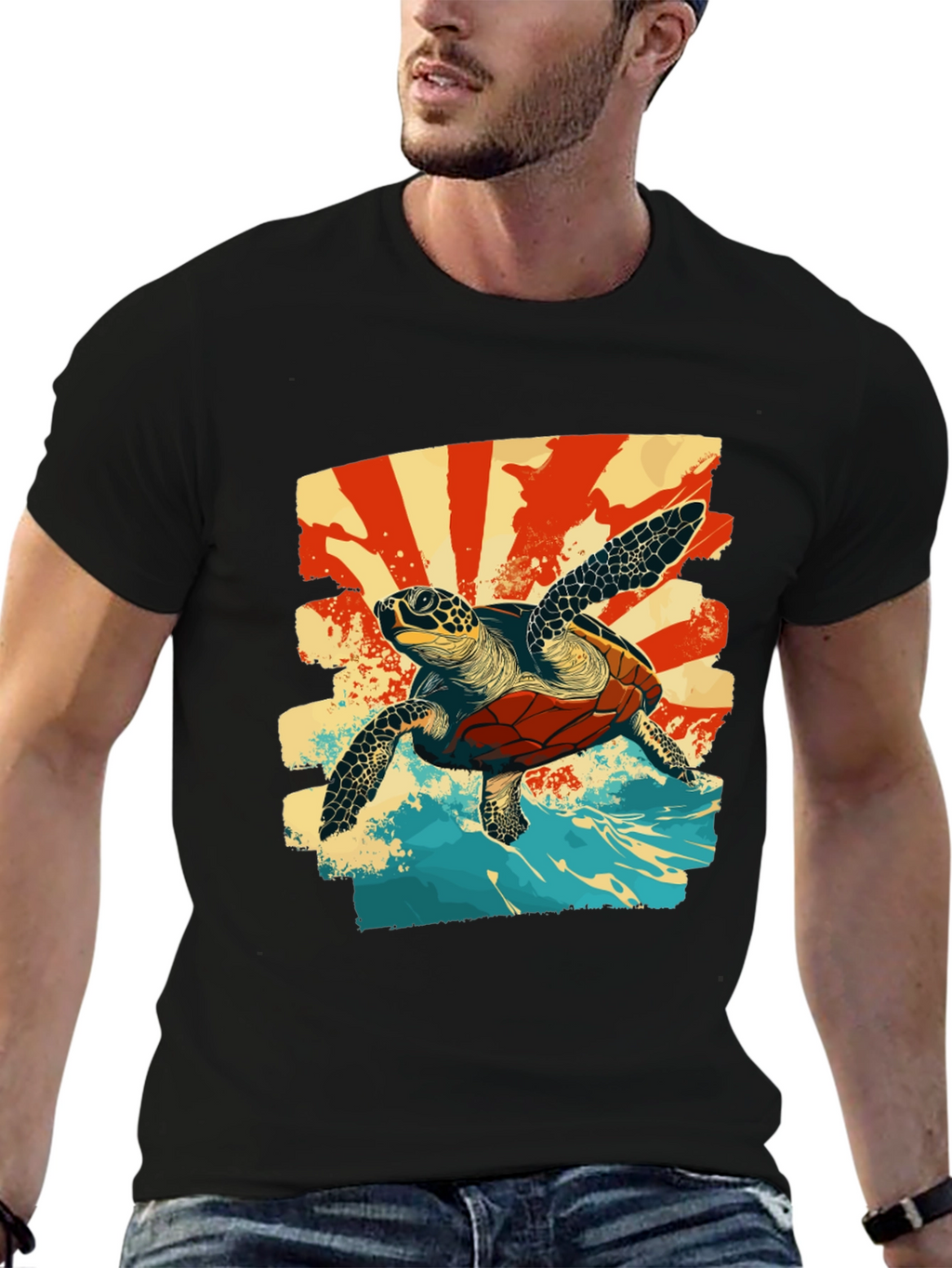 Retro Sea Turtle Graphic T-Shirt - Black