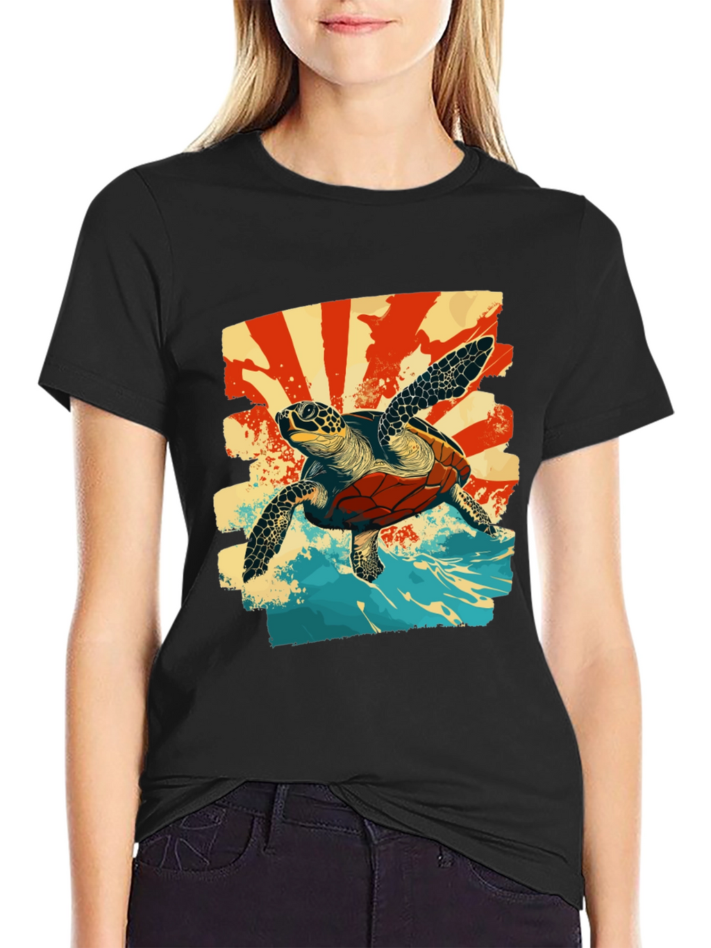 Retro Sea Turtle Graphic T-Shirt - Black