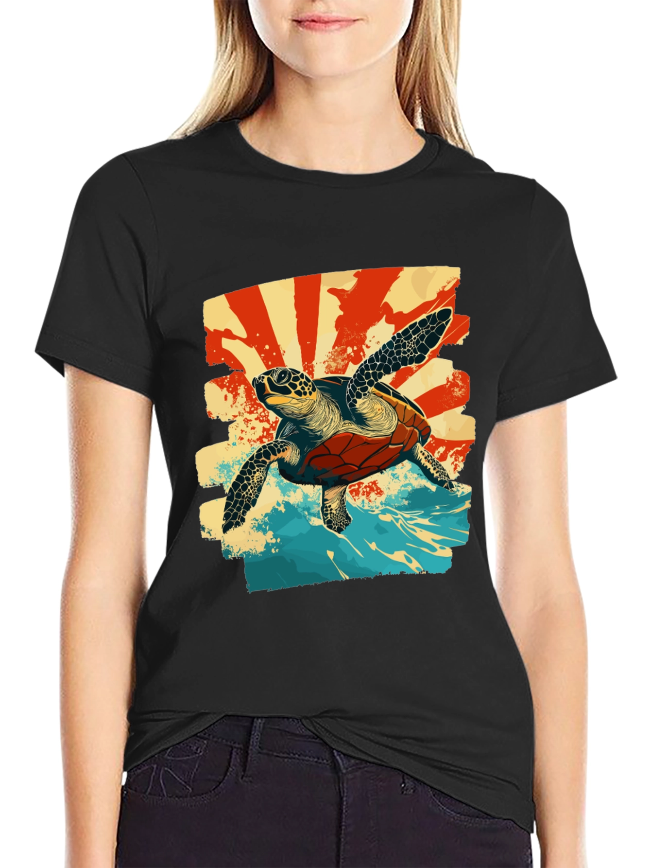 Retro Sea Turtle Graphic T-Shirt - Black
