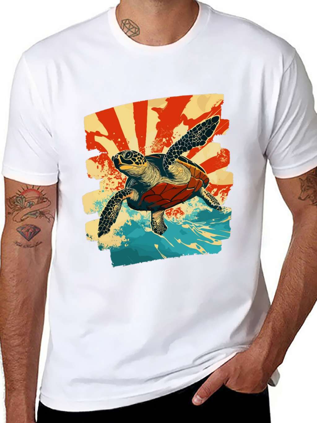 Retro Sea Turtle Graphic T-Shirt - Black