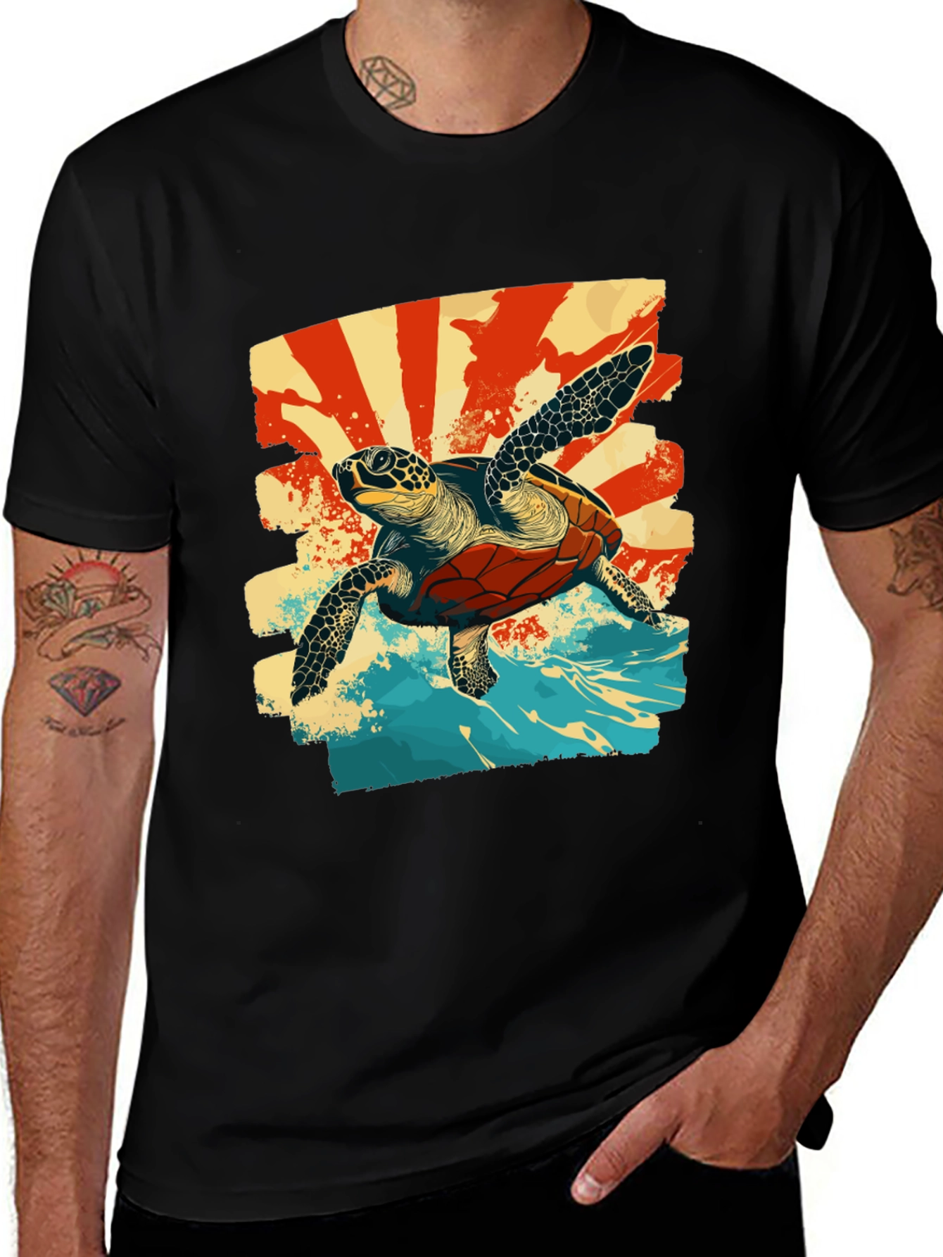 Retro Sea Turtle Graphic T-Shirt - Black