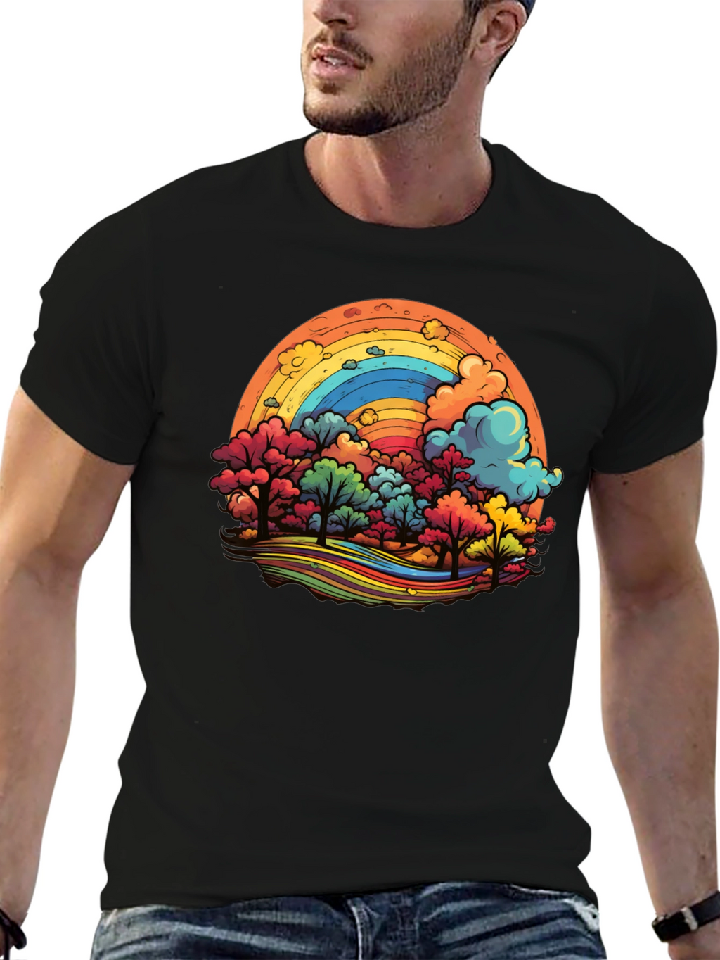 Rainbow Trees Graphic Black T-Shirt