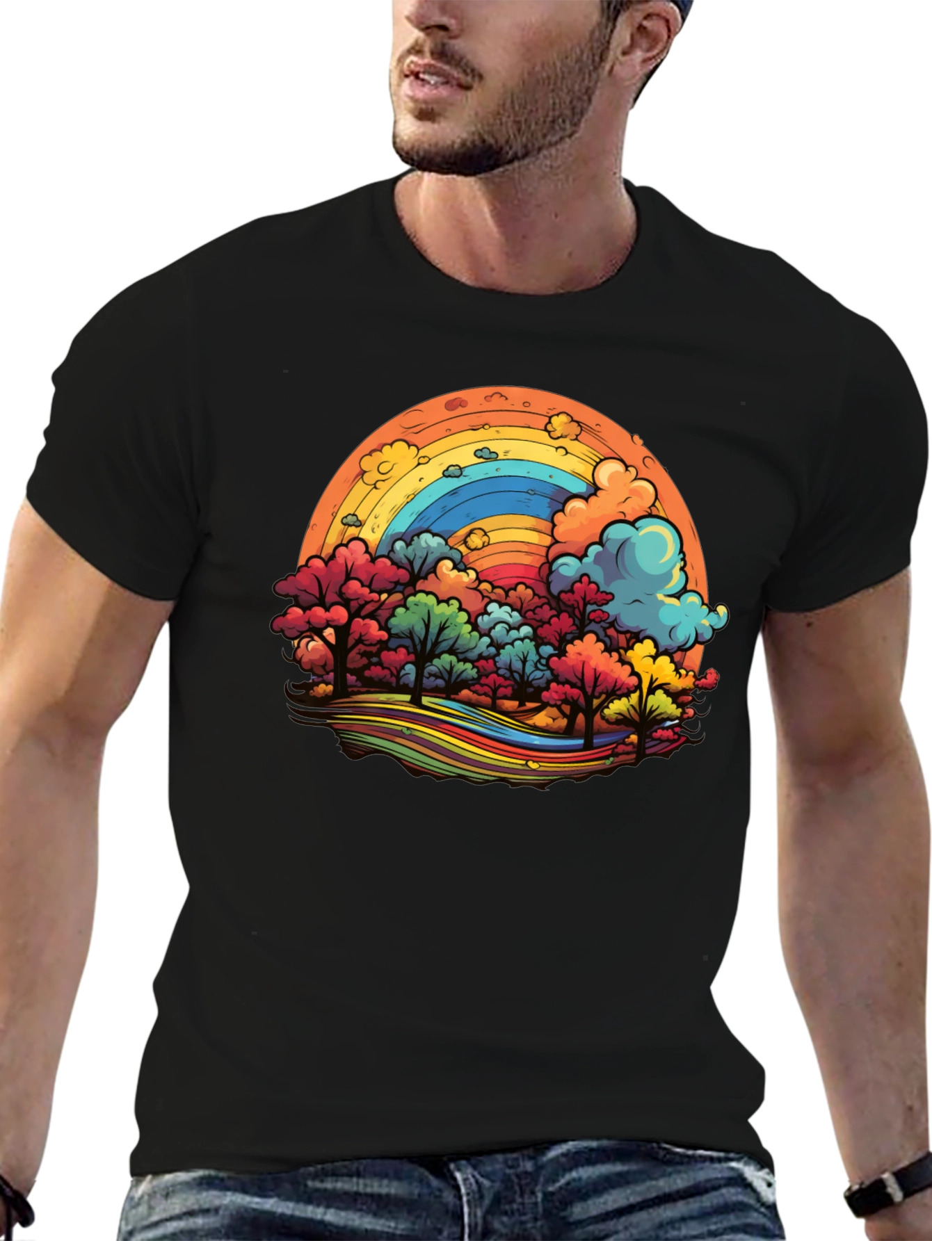 Rainbow Trees Graphic Black T-Shirt