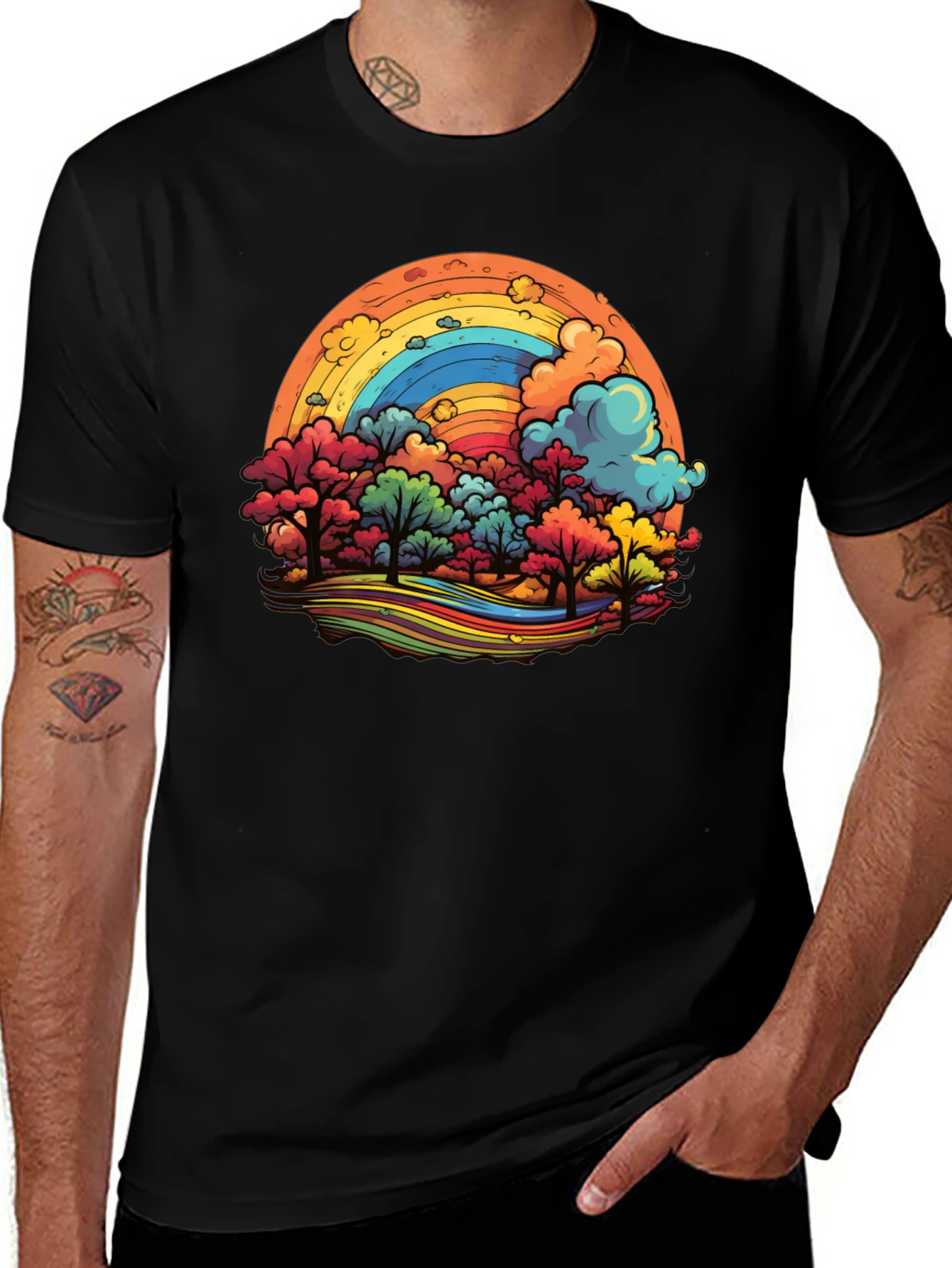 Rainbow Trees Graphic Black T-Shirt