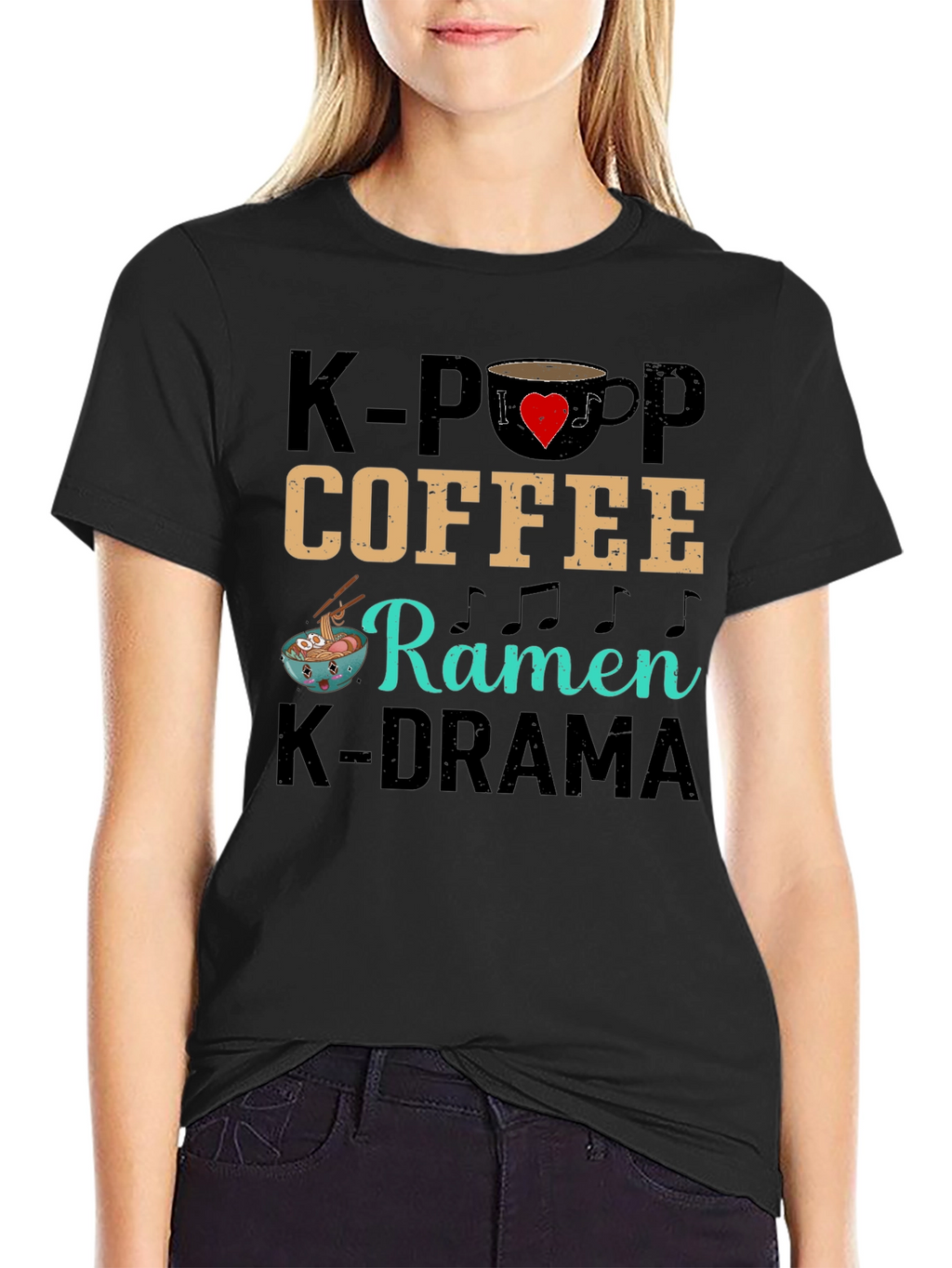 K-Pop Coffee Ramen K-Drama Black T-Shirt
