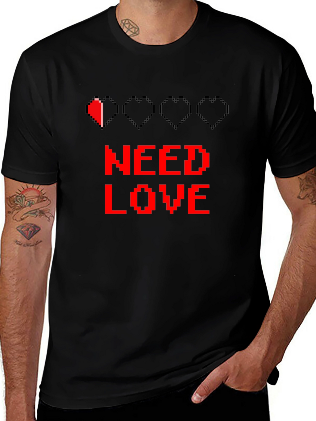 Need Love Black Graphic Tee - Pixel Heart Design