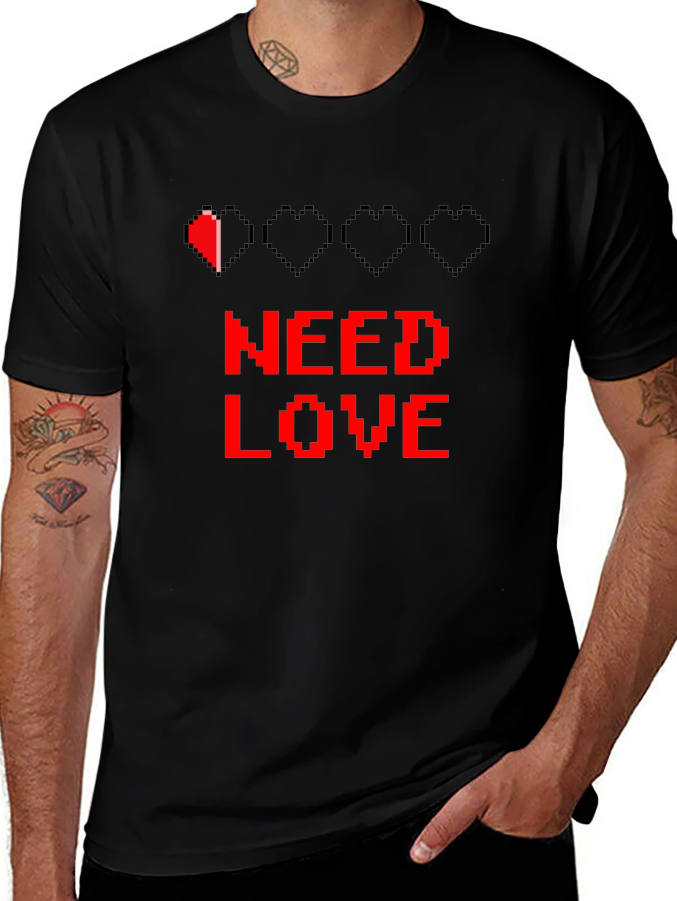 Need Love Black Graphic Tee - Pixel Heart Design