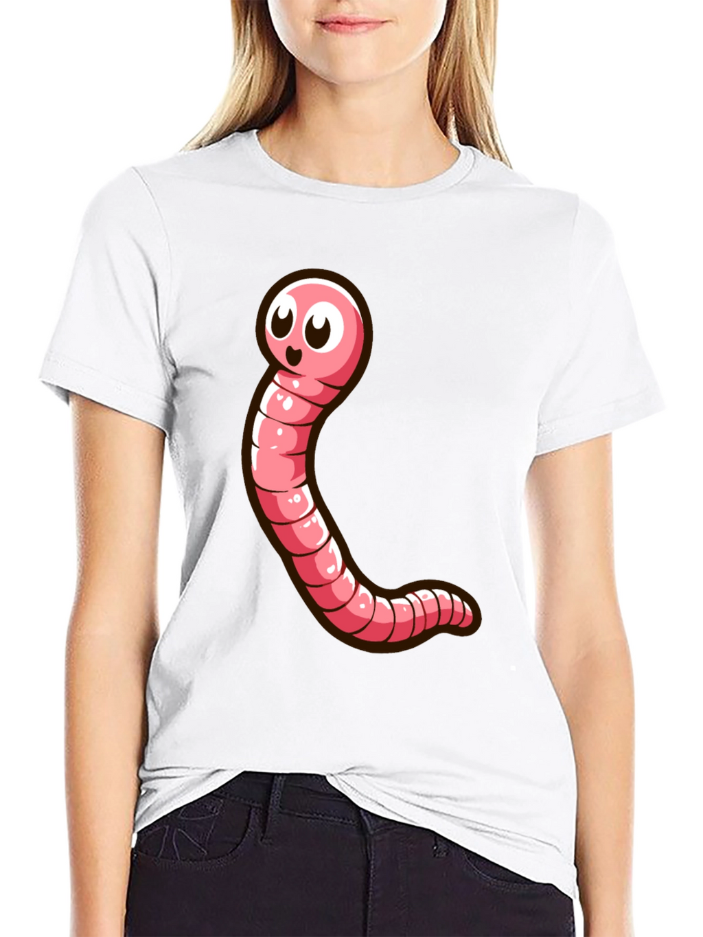 Cartoon Worm Graphic Tee - Black Cotton T-Shirt