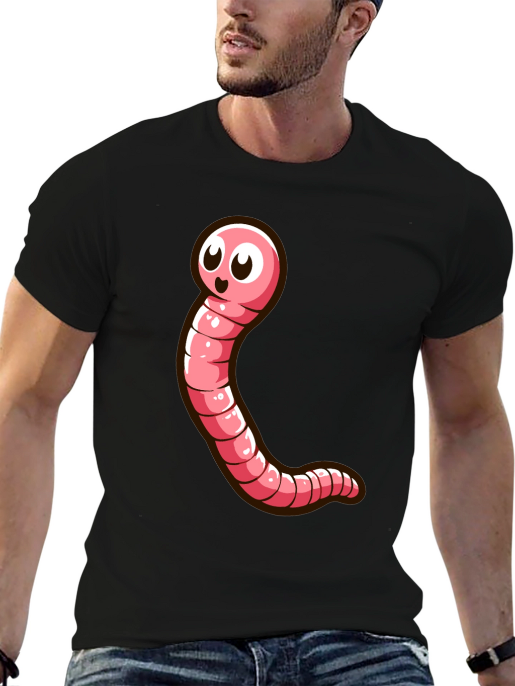 Cartoon Worm Graphic Tee - Black Cotton T-Shirt