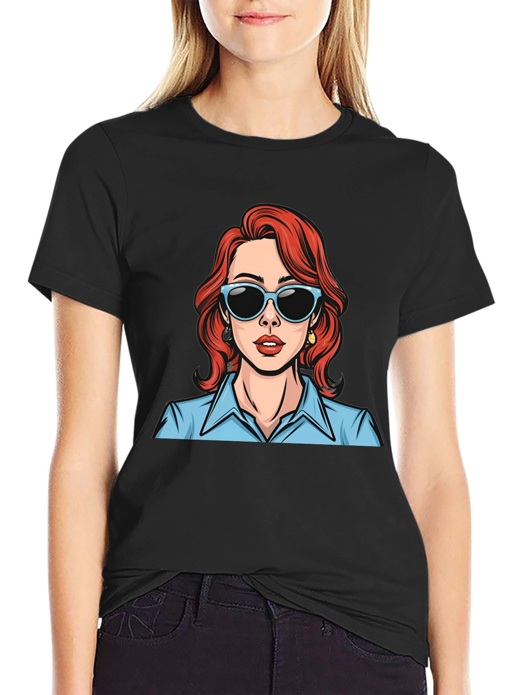 Retro Cartoon Woman Graphic T-Shirt - Black