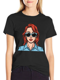 Retro Cartoon Woman Graphic T-Shirt - Black