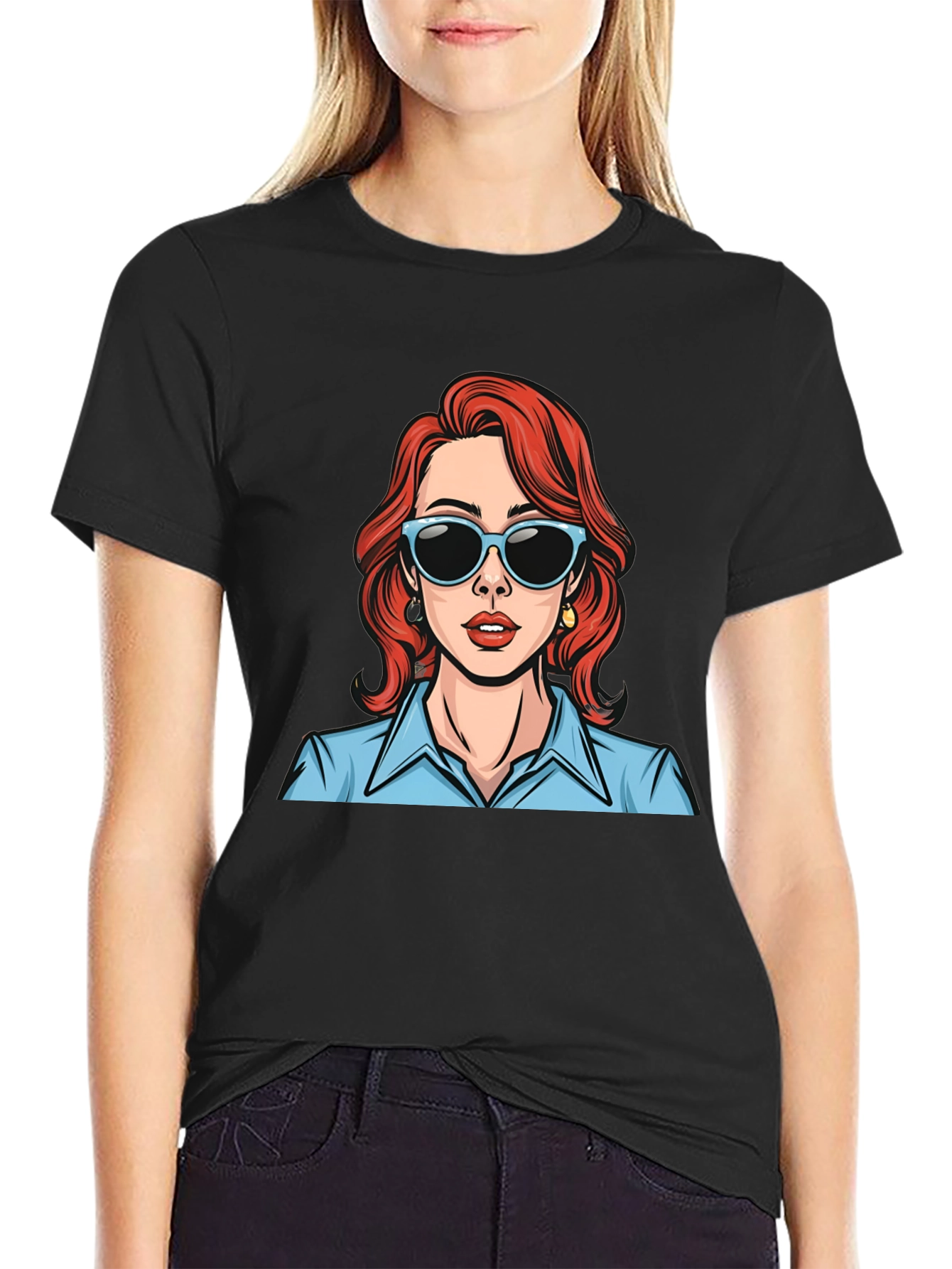 Retro Cartoon Woman Graphic T-Shirt - Black