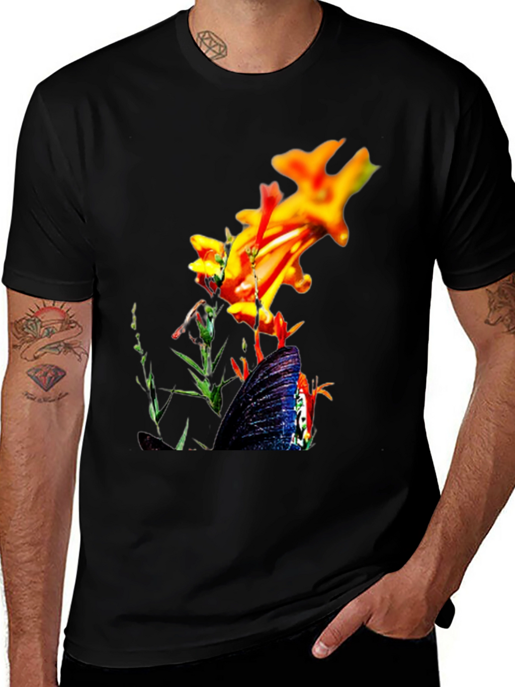 Floral Butterfly Graphic Black T-Shirt