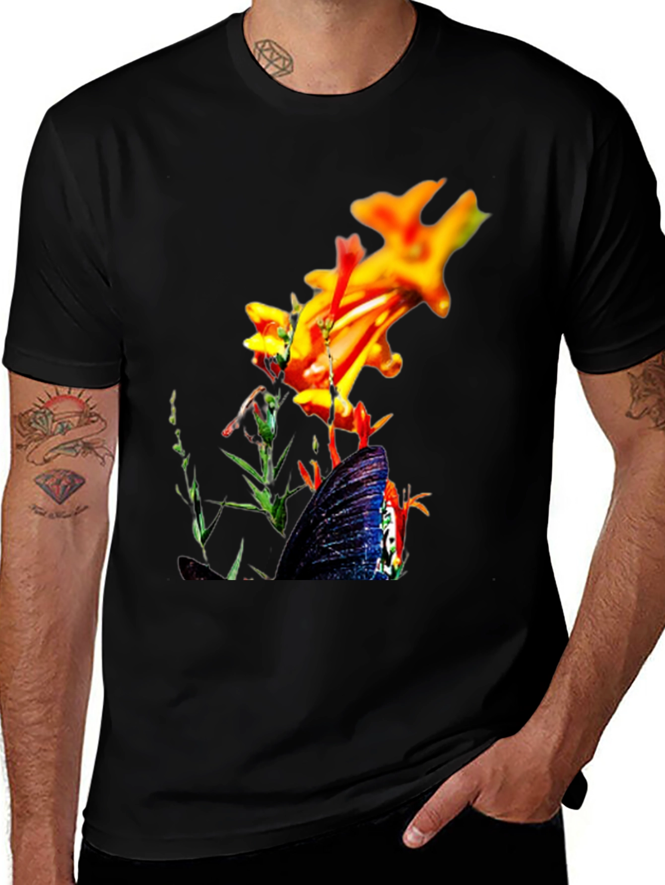 Floral Butterfly Graphic Black T-Shirt