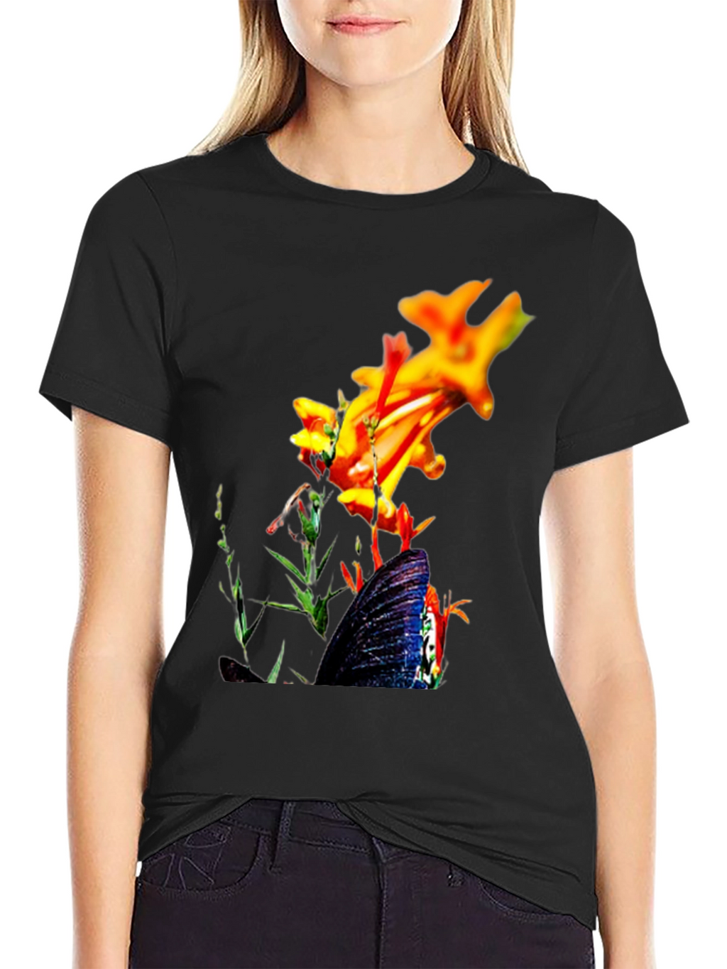 Floral Butterfly Graphic Black T-Shirt