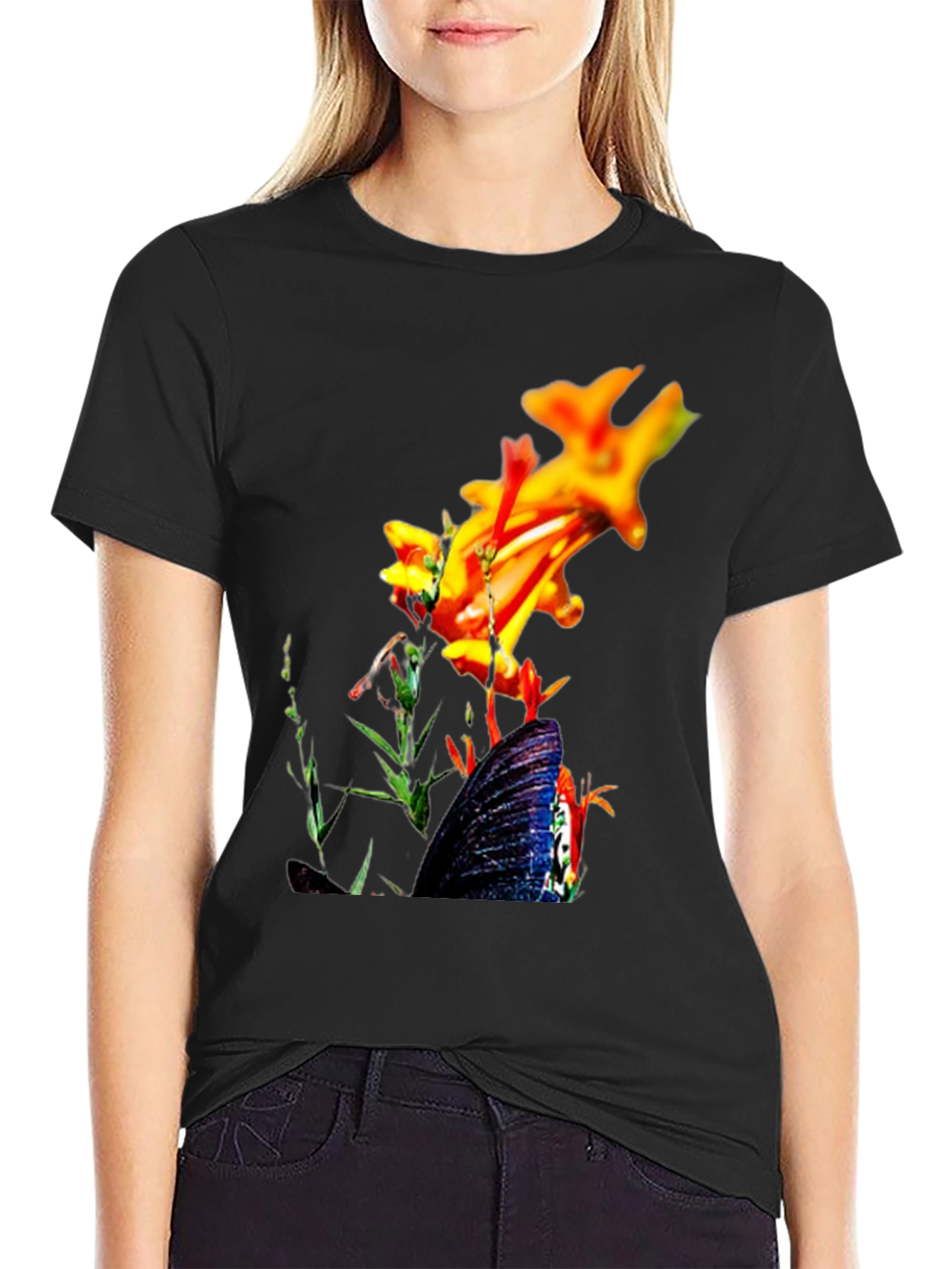 Floral Butterfly Graphic Black T-Shirt