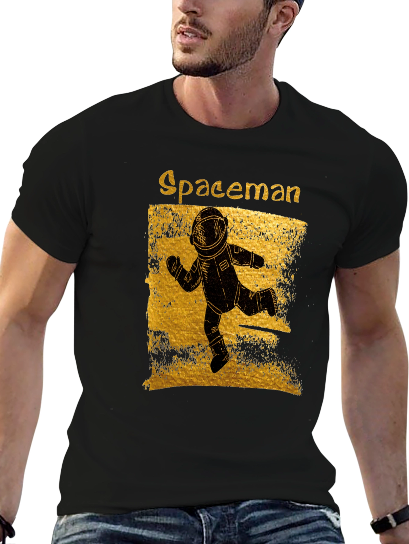 Spaceman Graphic T-Shirt - Distressed Gold Design