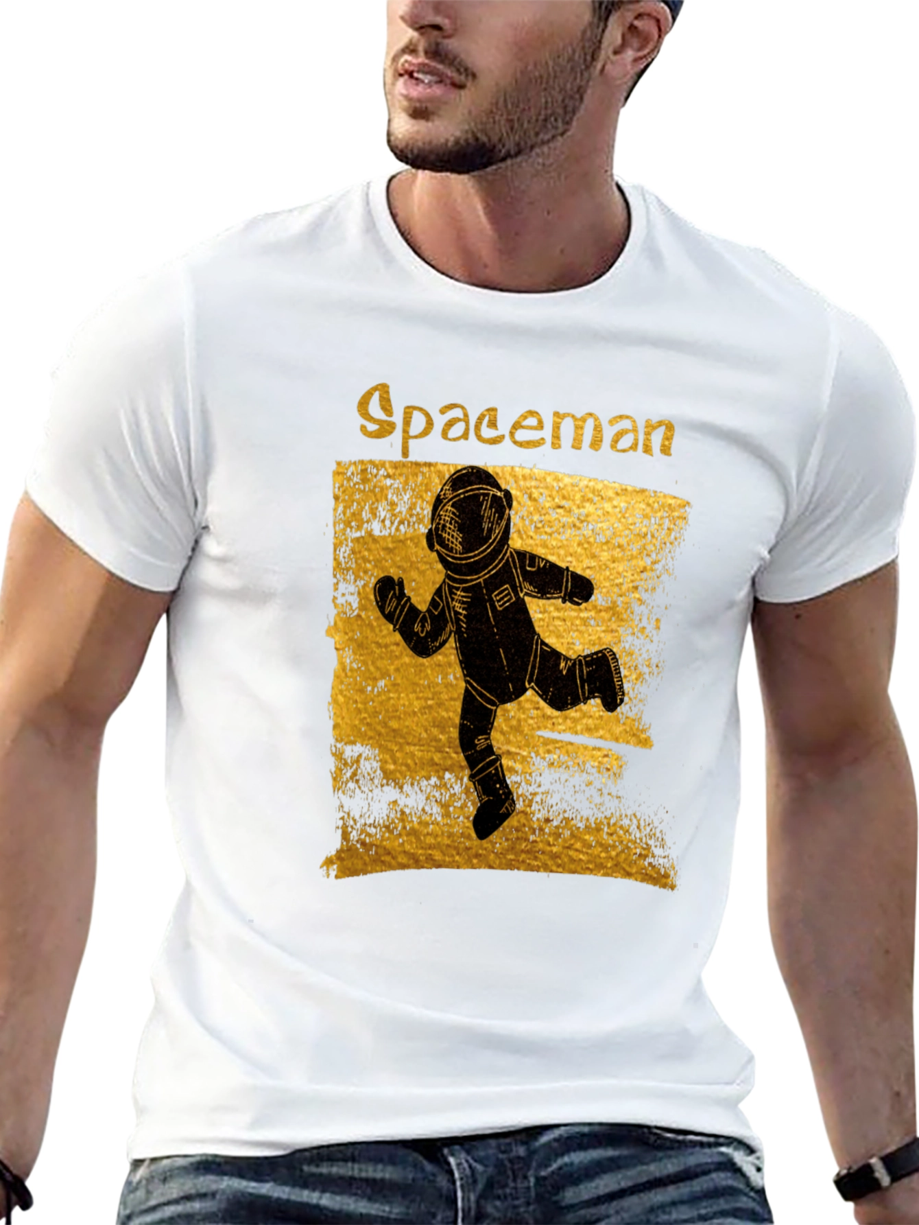 Spaceman Graphic T-Shirt - Distressed Gold Design