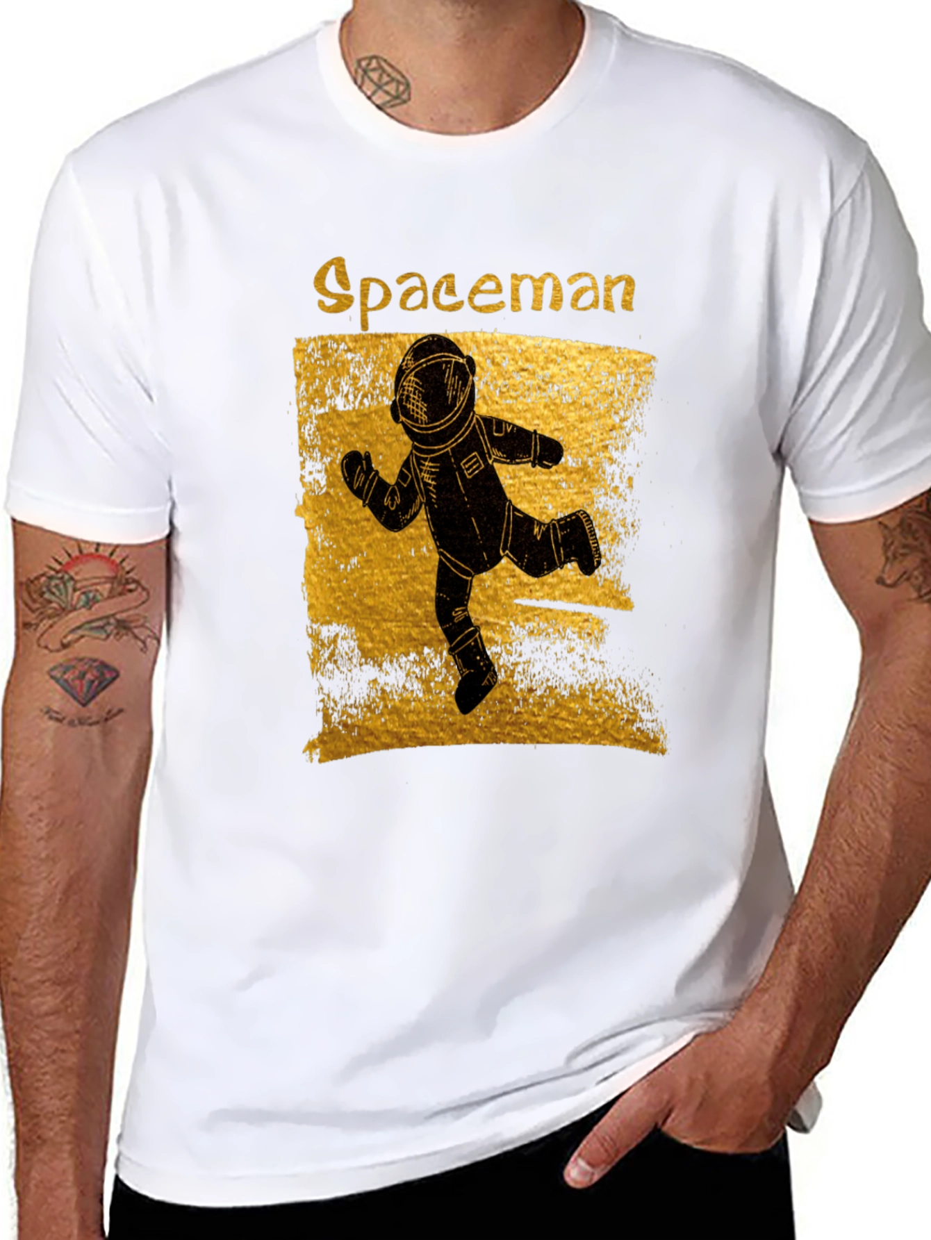 Spaceman Graphic T-Shirt - Distressed Gold Design