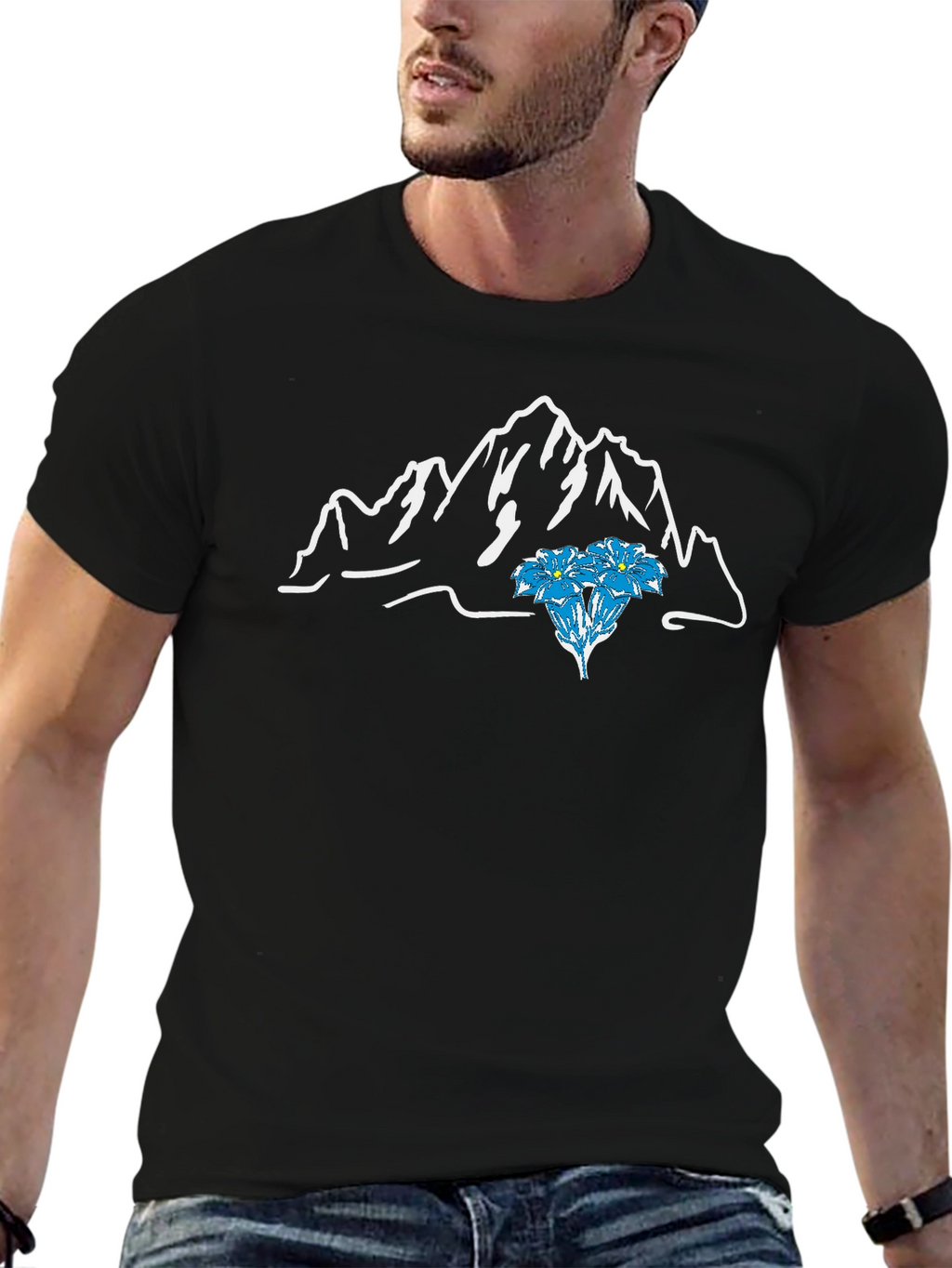 Mountain & Flower Graphic T-Shirt - Black