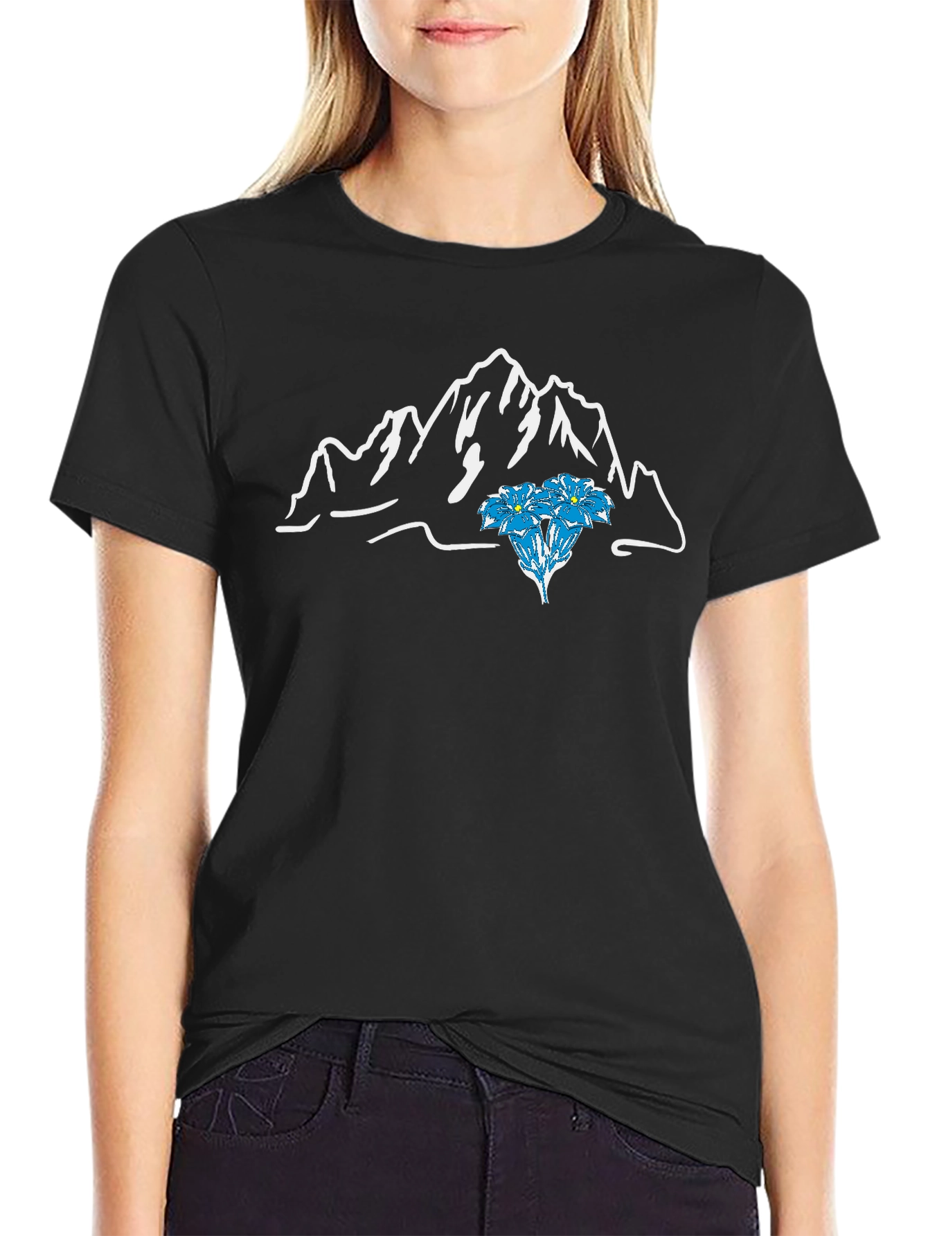 Mountain & Flower Graphic T-Shirt - Black