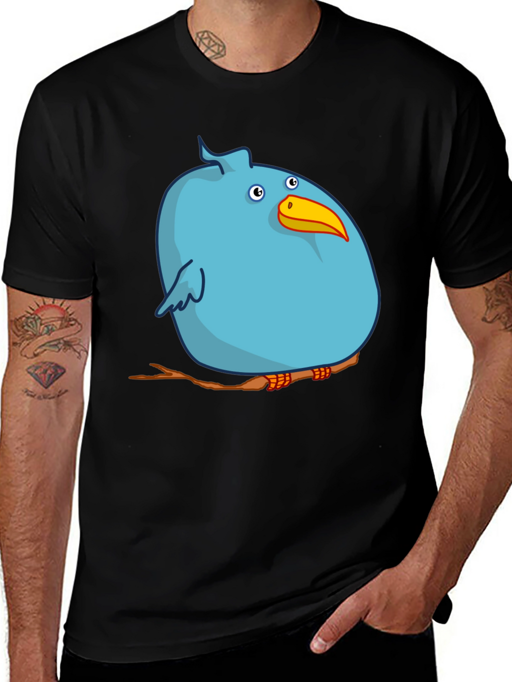 Cartoon Bird on Branch Graphic T-Shirt