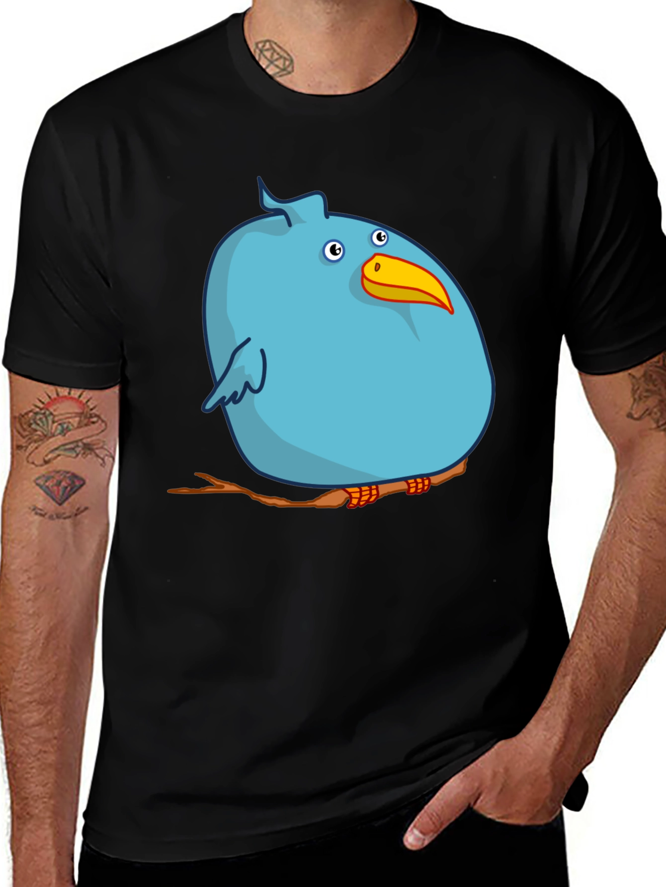 Cartoon Bird on Branch Graphic T-Shirt