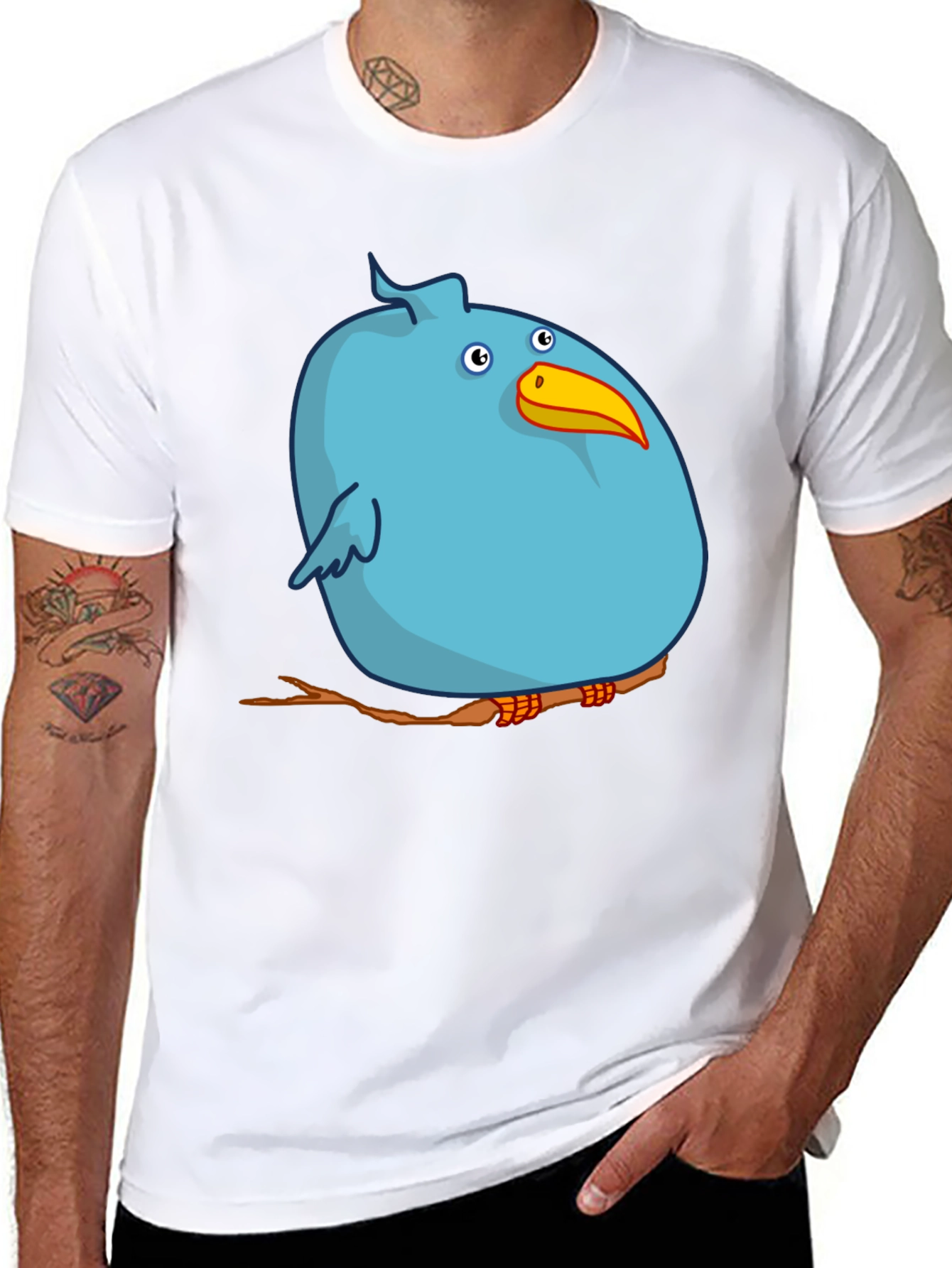 Cartoon Bird on Branch Graphic T-Shirt