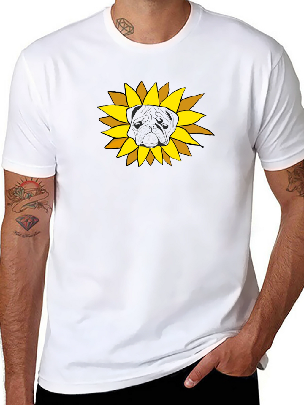 Sunflower Pug Graphic Tee - Black Cotton Casual Shirt