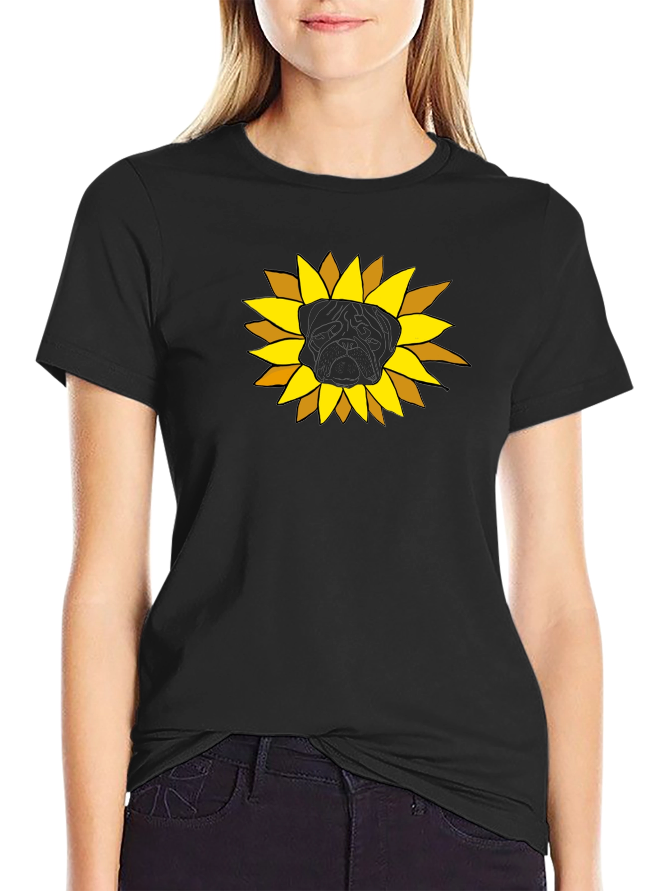 Sunflower Pug Graphic Tee - Black Cotton Casual Shirt