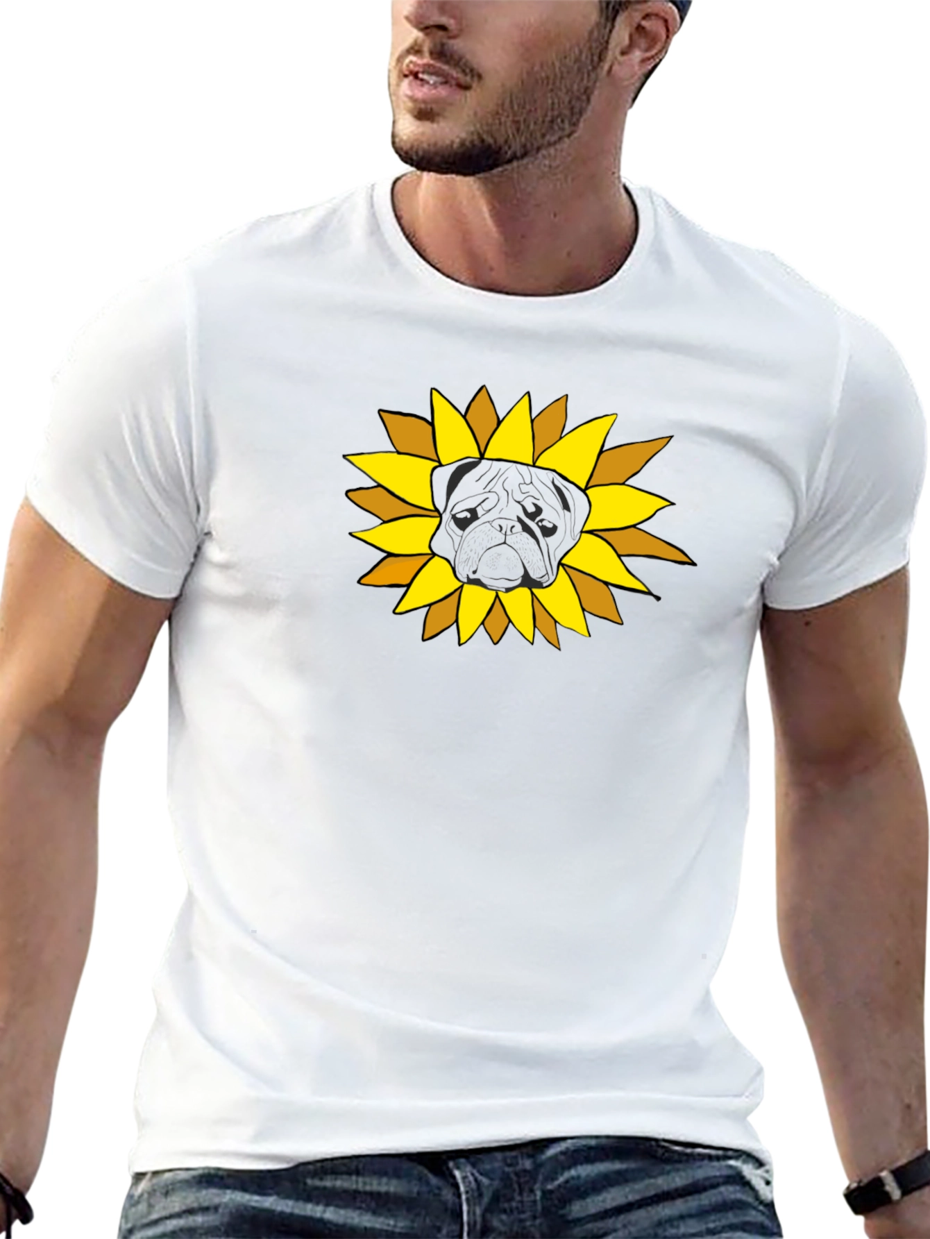 Sunflower Pug Graphic Tee - Black Cotton Casual Shirt