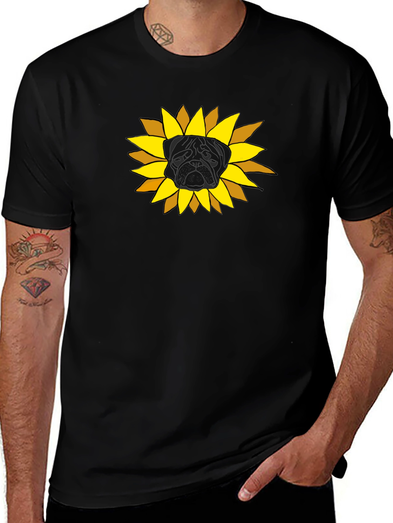 Sunflower Pug Graphic Tee - Black Cotton Casual Shirt