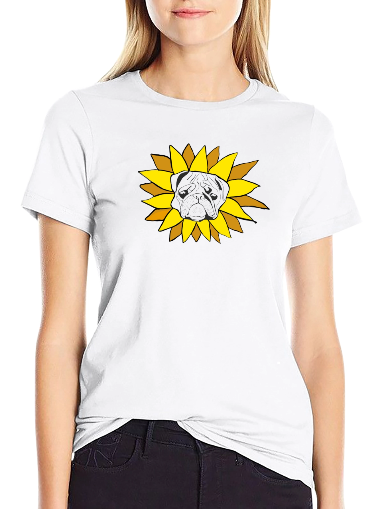 Sunflower Pug Graphic Tee - Black Cotton Casual Shirt