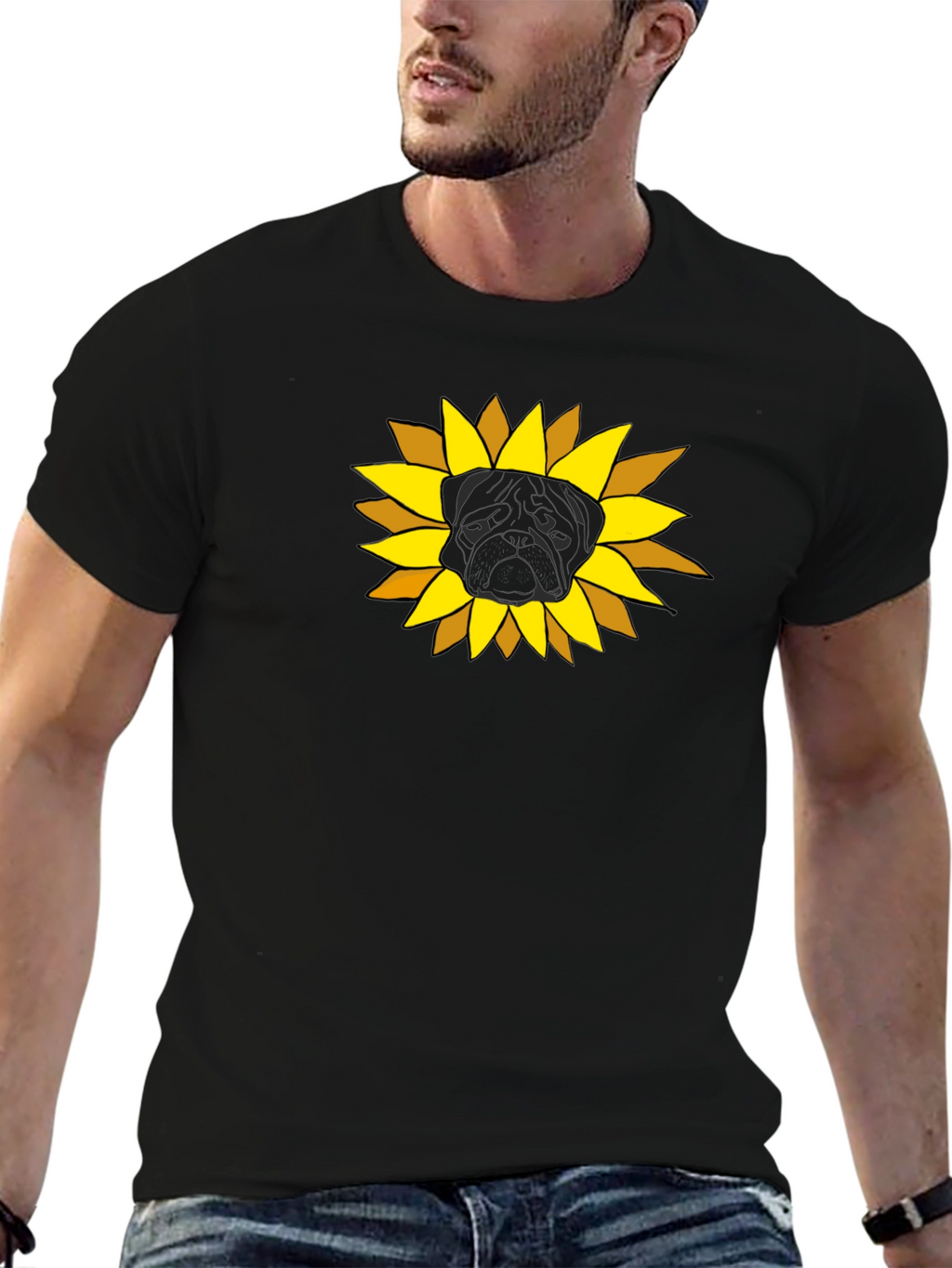 Sunflower Pug Graphic Tee - Black Cotton Casual Shirt