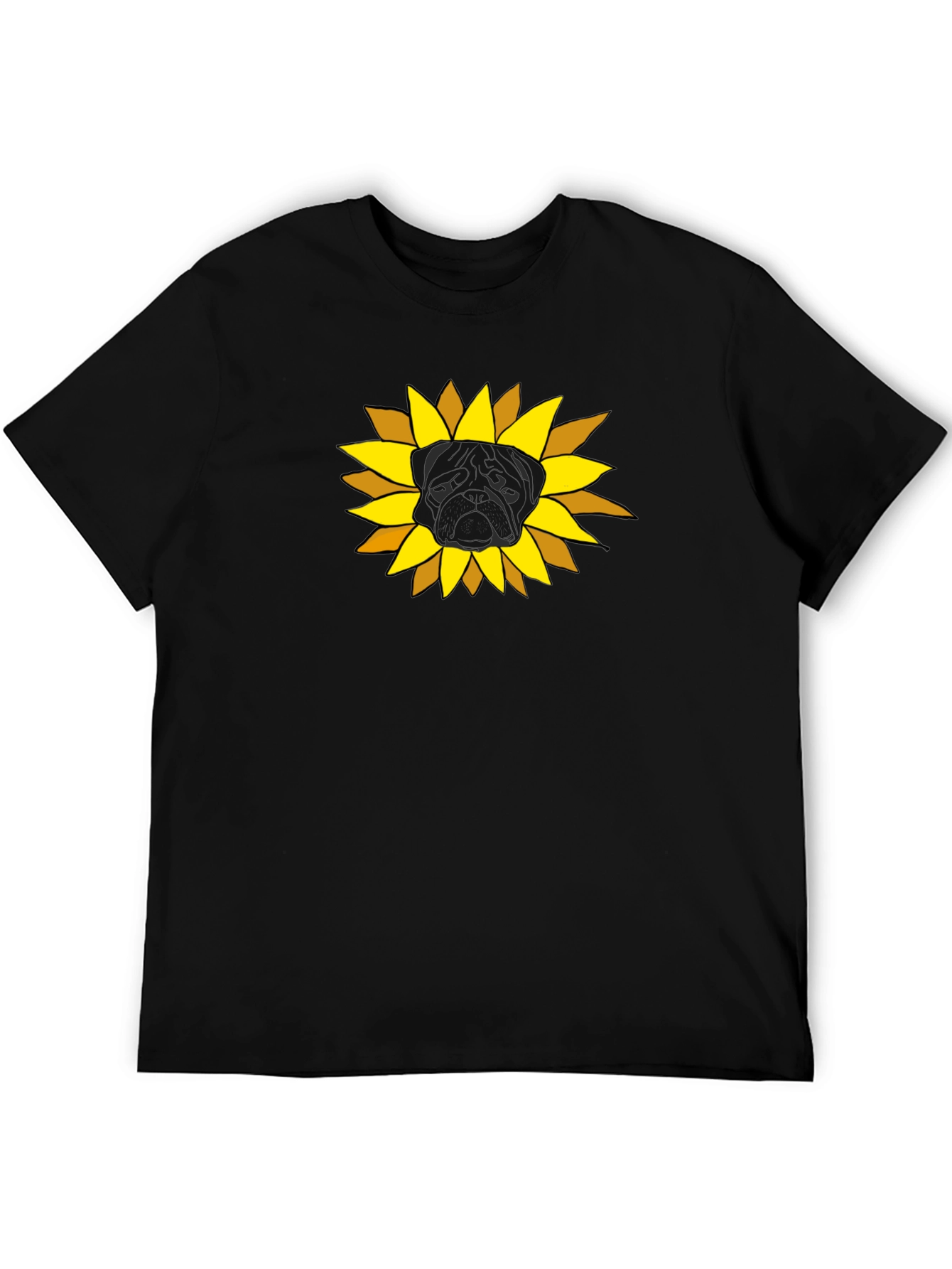Sunflower Pug Graphic Tee - Black Cotton Casual Shirt