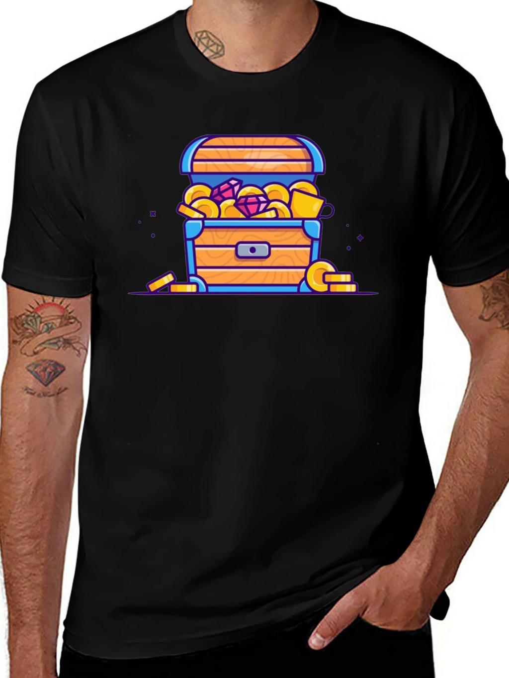 Treasure Chest Cartoon Graphic Black T-Shirt