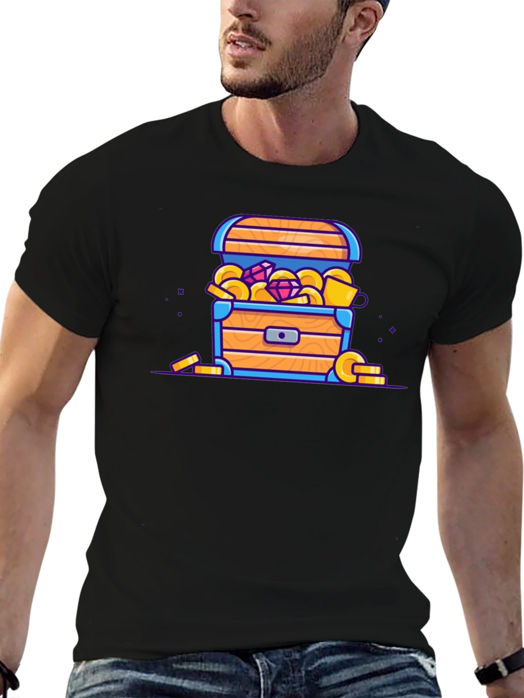 Treasure Chest Cartoon Graphic Black T-Shirt