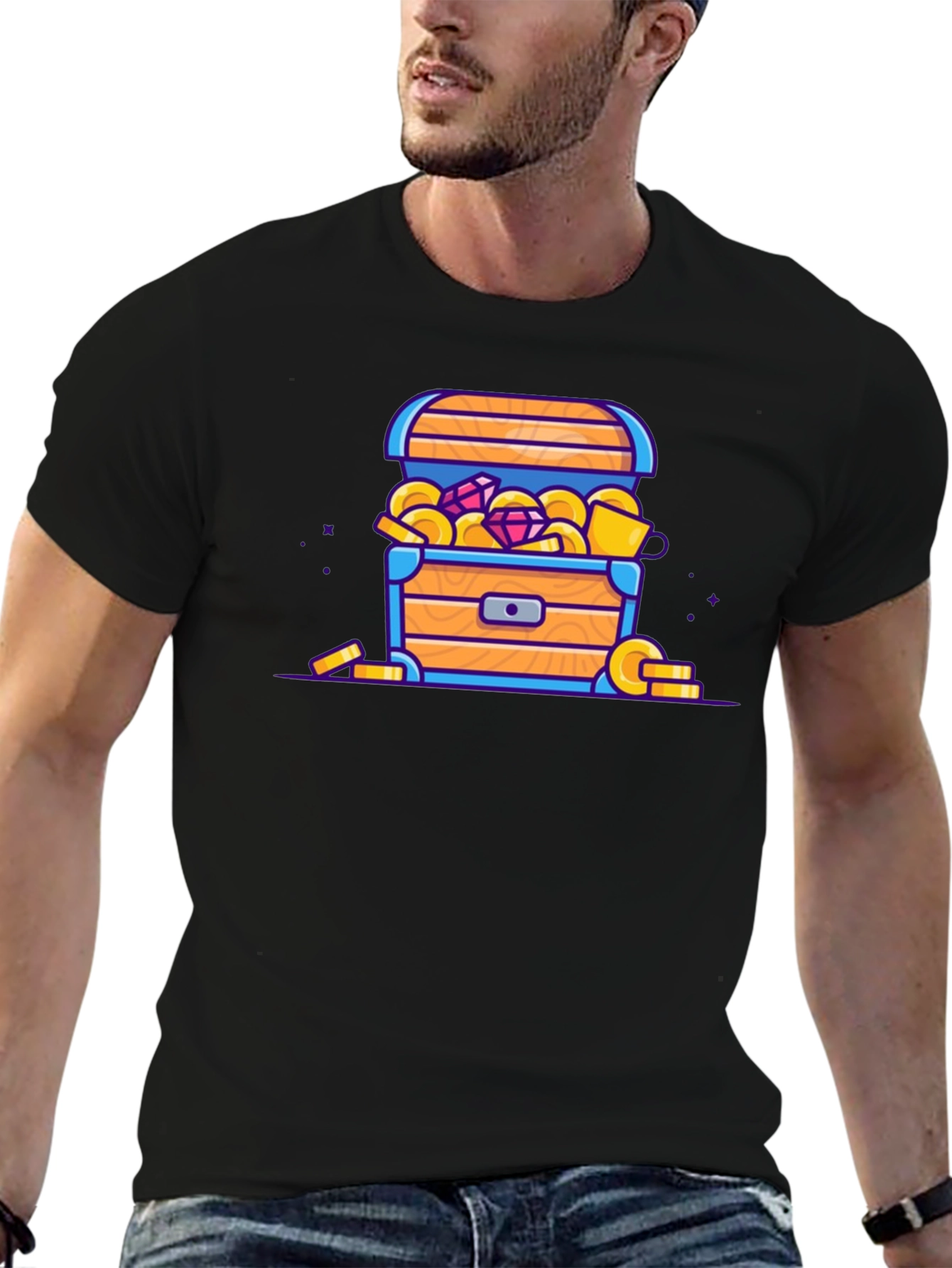 Treasure Chest Cartoon Graphic Black T-Shirt
