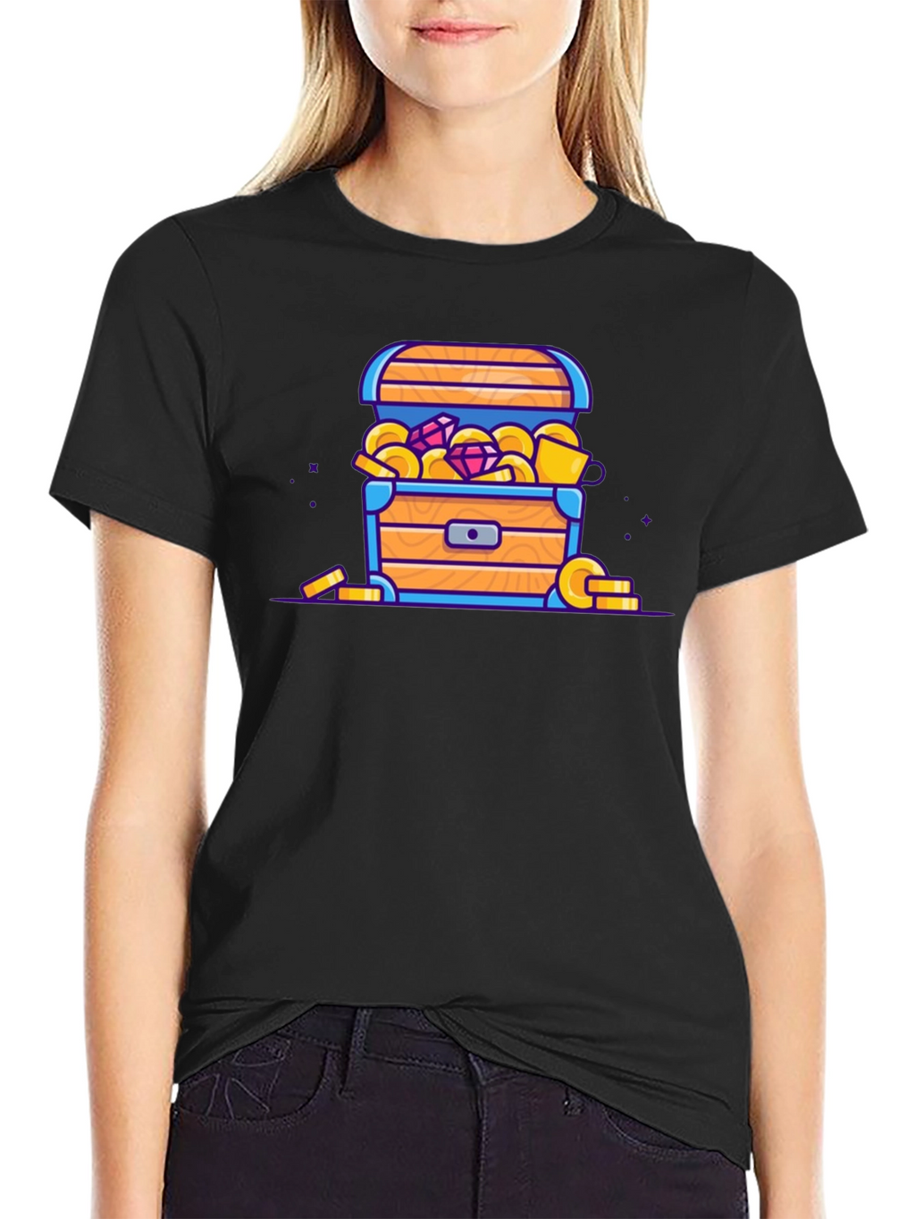 Treasure Chest Cartoon Graphic Black T-Shirt