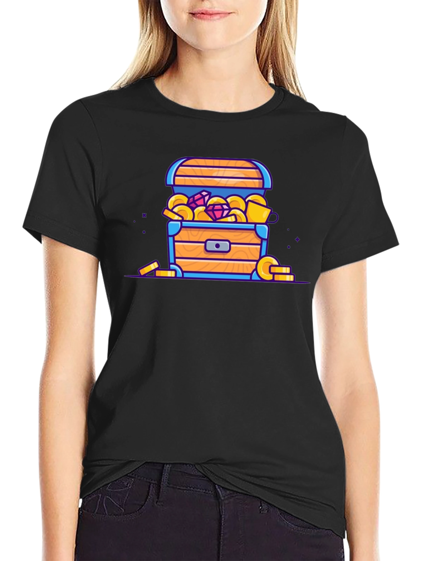 Treasure Chest Cartoon Graphic Black T-Shirt