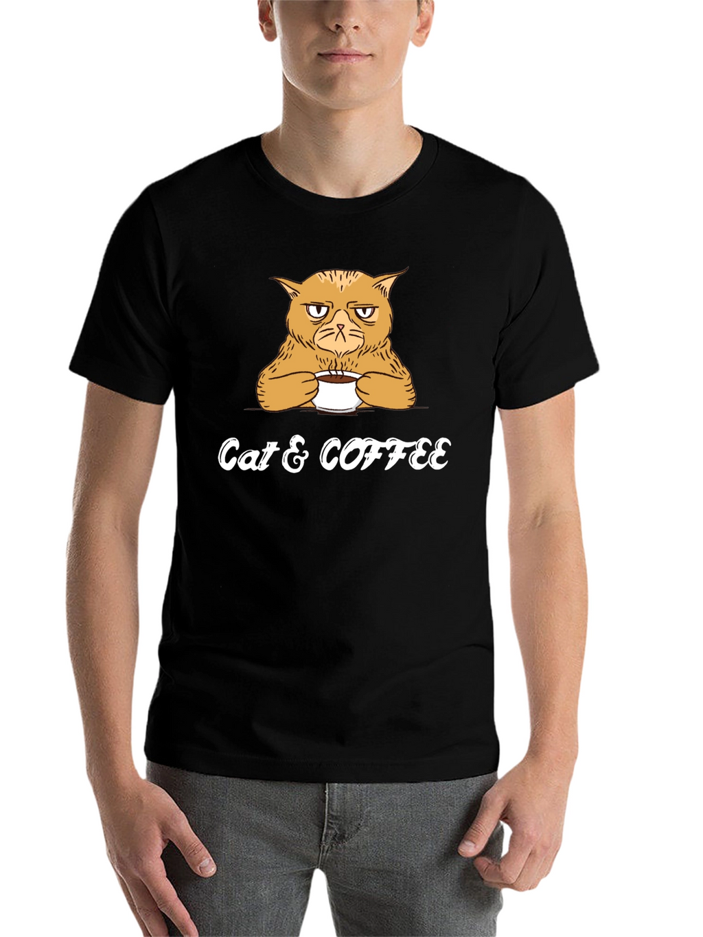 Cat & Coffee Graphic Tee - Mens Black T-Shirt