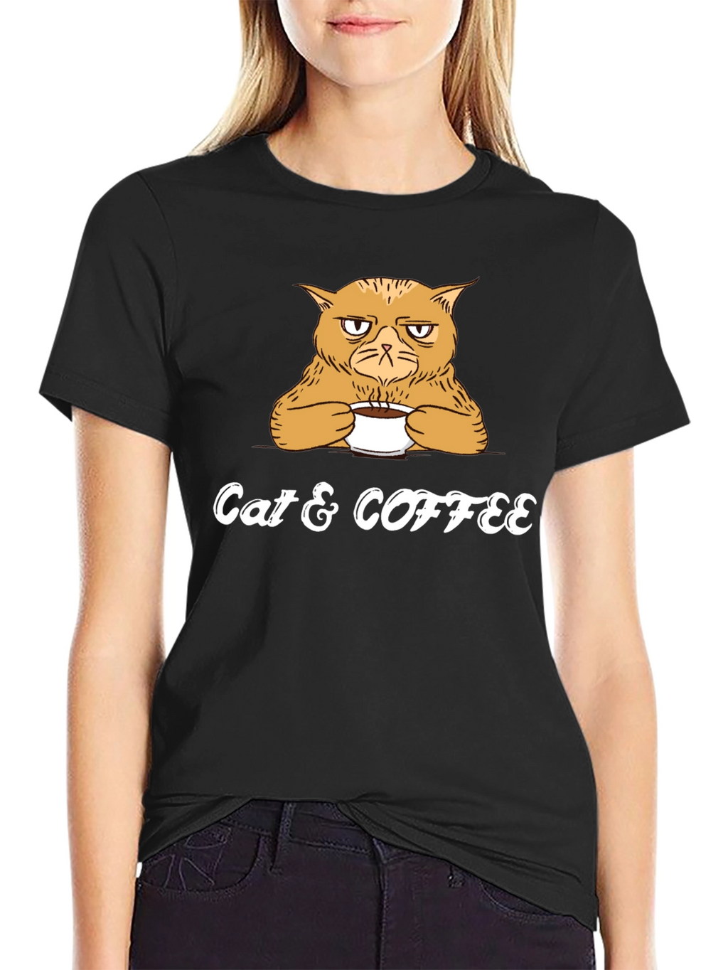 Cat & Coffee Graphic Tee - Mens Black T-Shirt