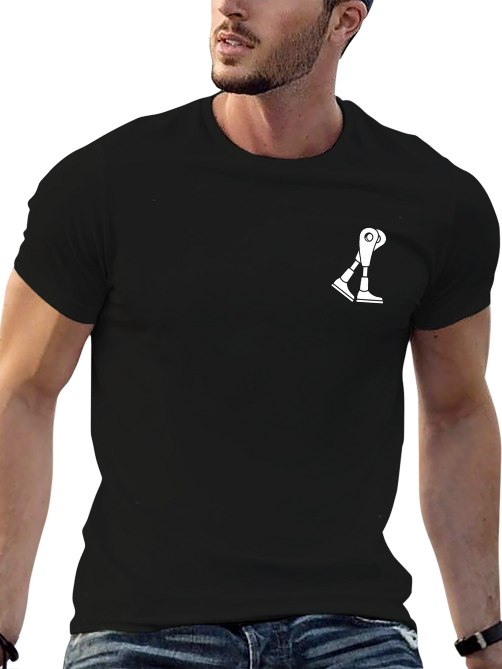 Modern Black Tee with Robotic Leg Graphic