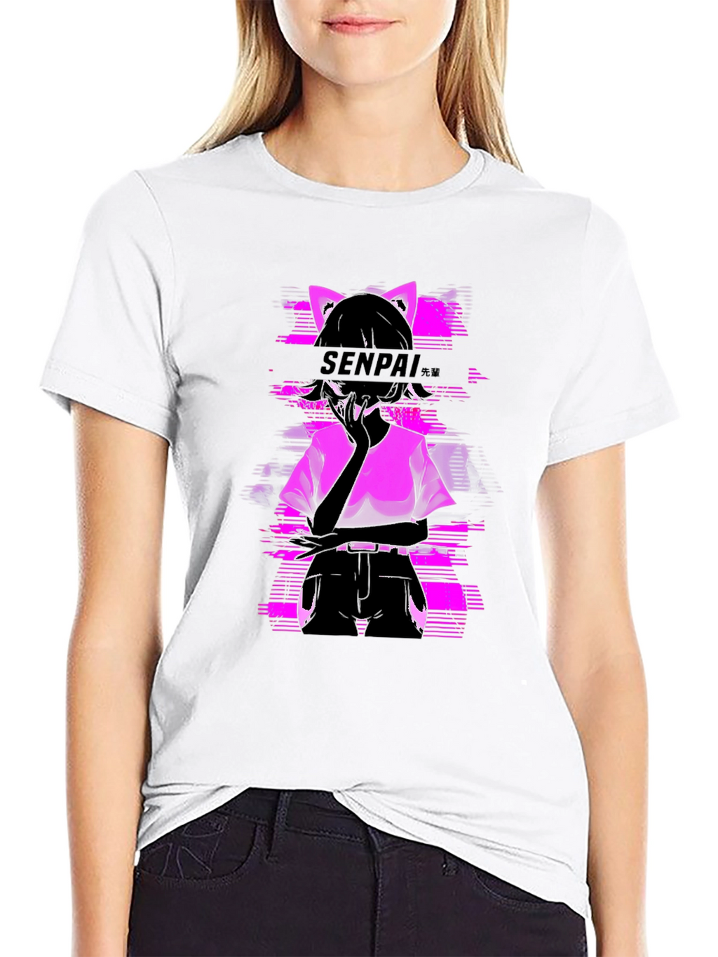 Senpai Anime Girl Graphic Tee - Black Cotton T-Shirt